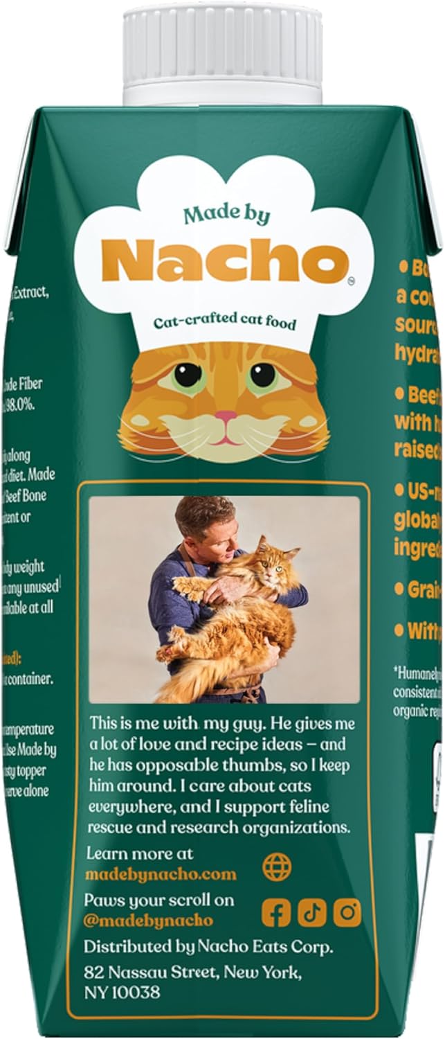 Made by Nacho Bone Broth Cat Food Topper for Hydration and Picky Eaters - Add Protein and Flavor to Your Dry Cat Food – Supports Optimal Nutrition, Digestion, Skin & Coat, 11 oz. (Pack of 4), Beef