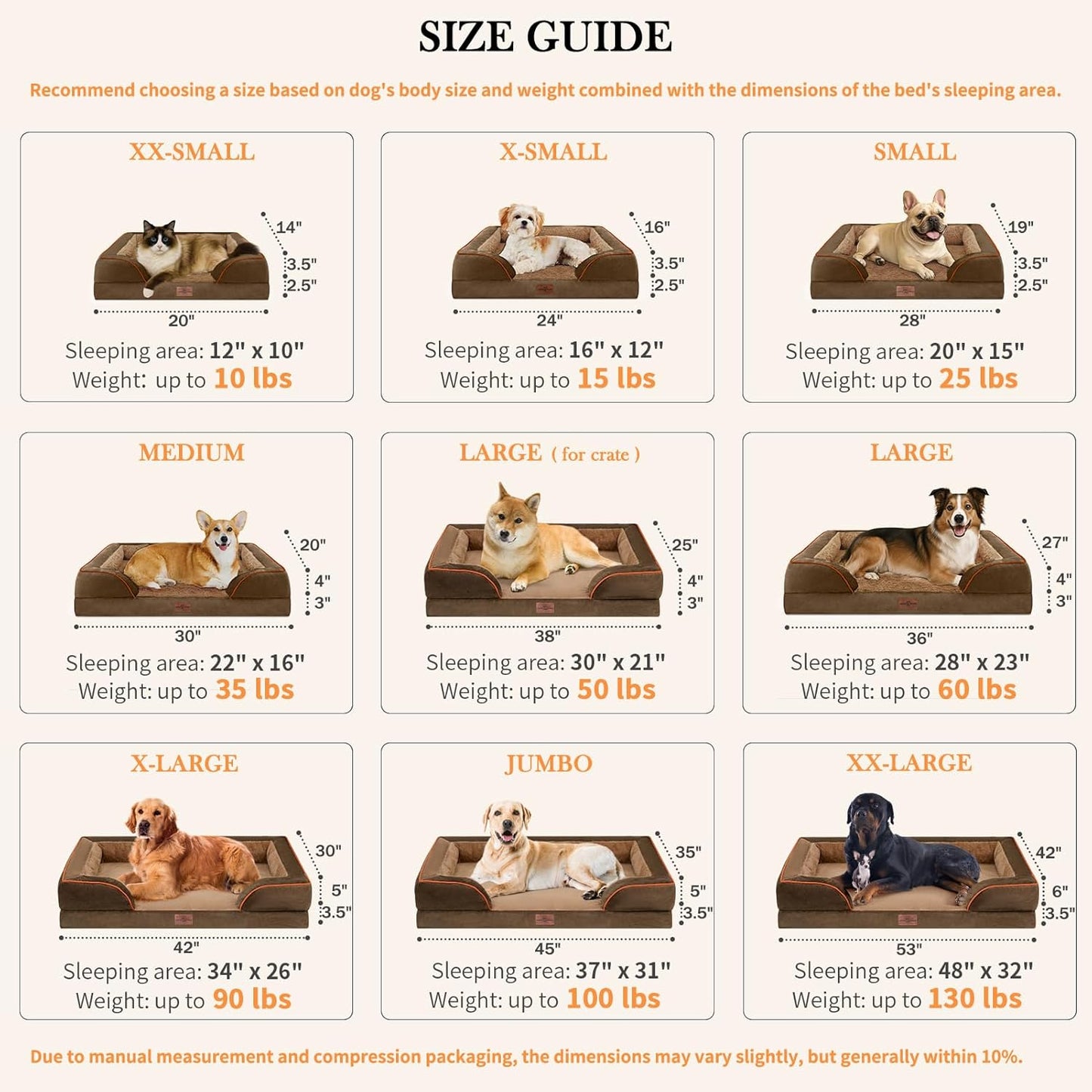 Comfort Expression Small Dog Beds Waterproof Orthopedic Foam Dog Sofa Beds for Small Dogs Comfy Pet Bed with Washable Removable Cover & Non-Slip Bottom(X-Small,Brown)