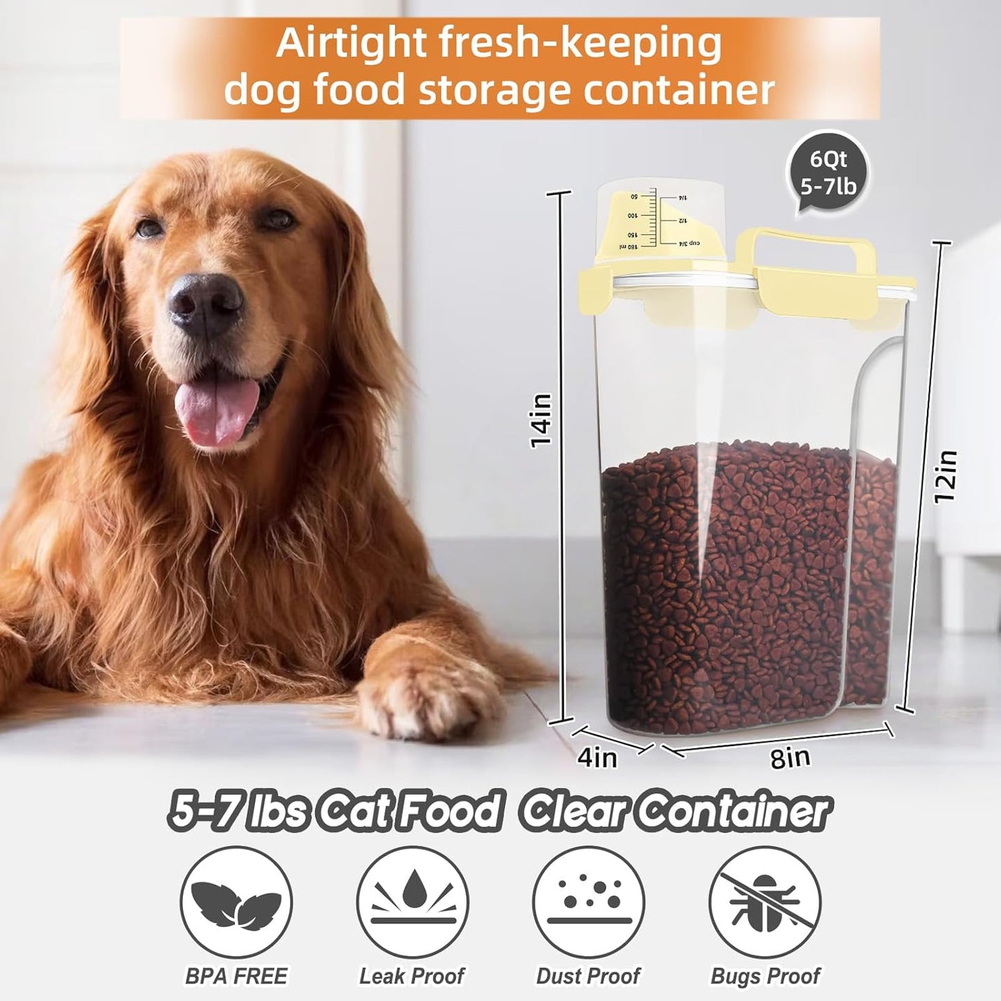 5-7Lbs Cat Dog Storage Container, Portable Pet Food Containers with Upgraded Large Spout and Cup, Small Animal Kibble Dispenser for Bird Seed, Oatmeal, Rice, Flour (1, Cream yellow, 5L)