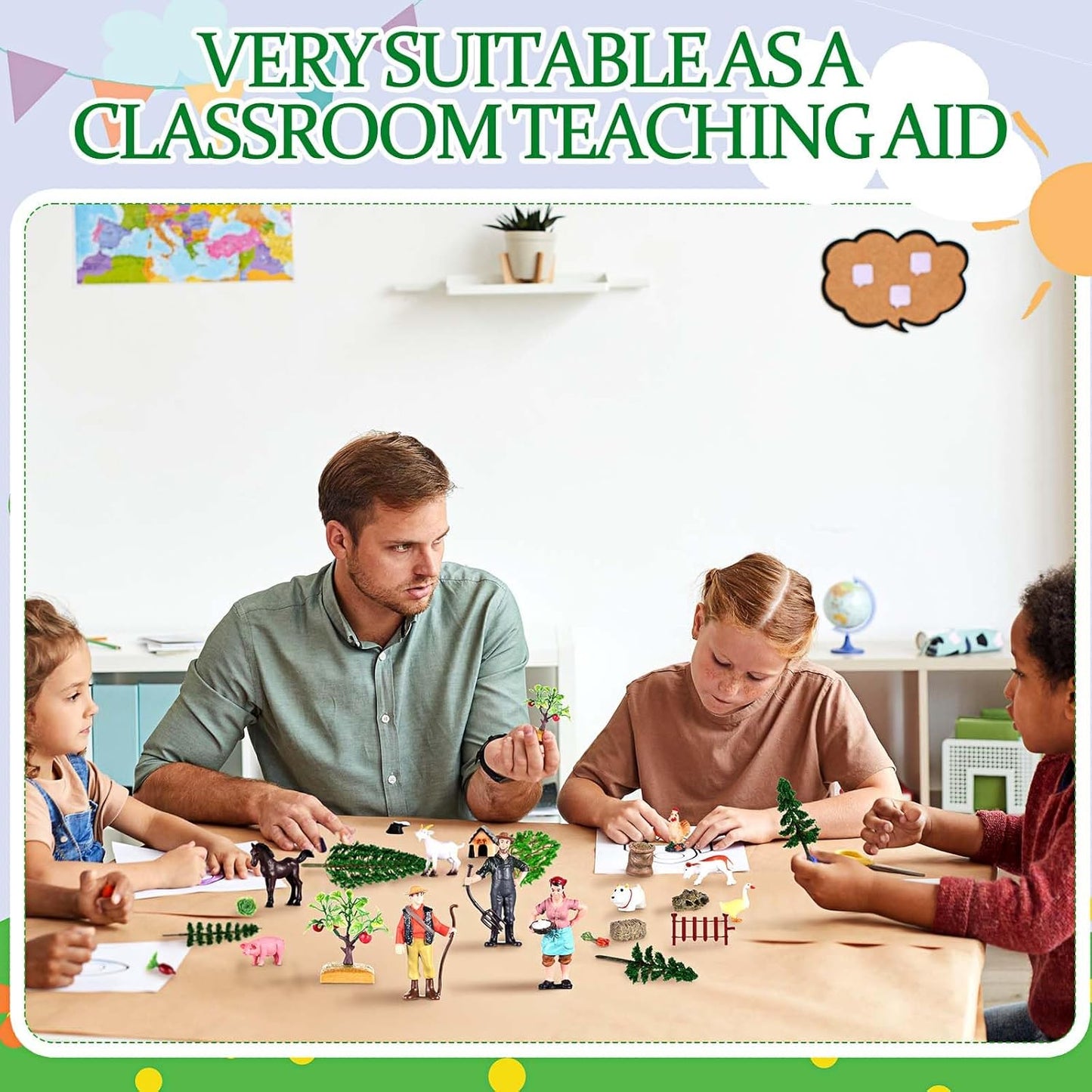 27 Pcs Farm Toys Set, 3 Little Farmer Figurines 9 Plastic Animals Figurines 10 Feed Food Fence Playset 4 Model Trees 1 Moss Mat Animal Farm Toys for Educational School Project Gift