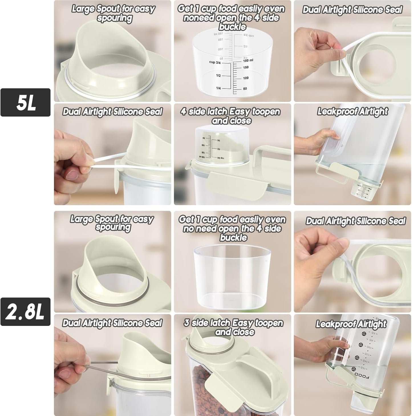 Dog Food Storage Container, Upgraded Large Nozzle BPA-free, 8-12 LBS Plastic Pet Food Storage Containers, With 4 Sealed Clasps, 1 Measuring Cup and Handle (2, Beige (3L+5L), (3L+5L))