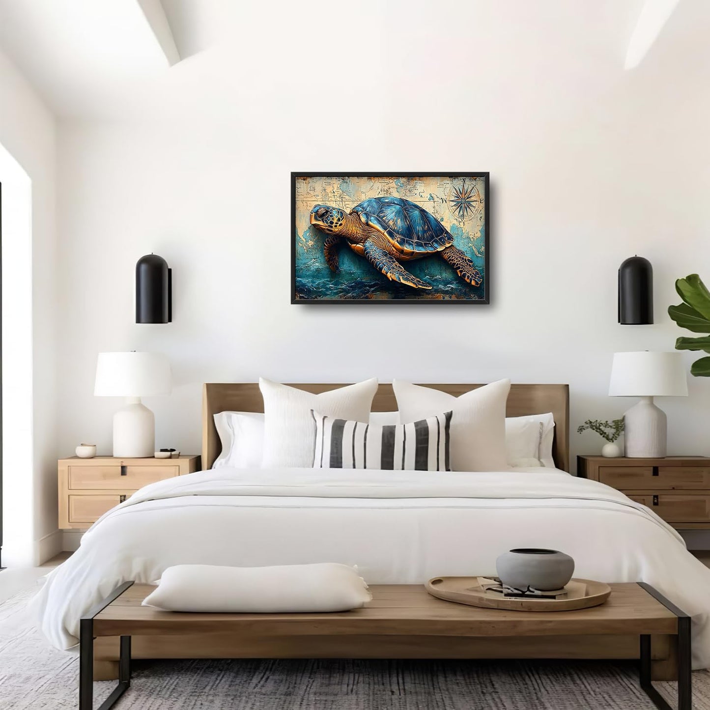 Large Nautical Turtle Wall Art for Living Room, Coastal Ocean Canvas Oversized Wall Decor, Beach Aesthetics Framed Pictures Painting Print Artwork for Bedroom Office 36L" x 24W"