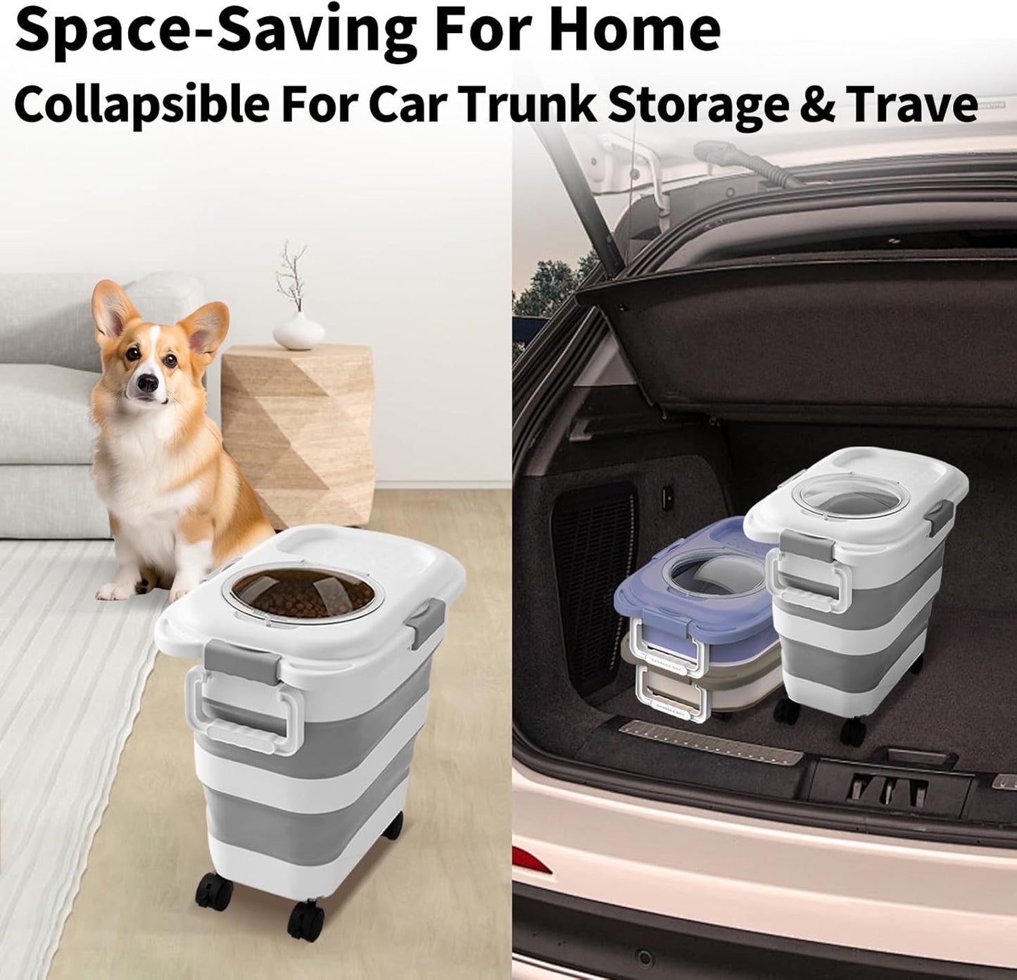 25 Lbs Dog Food Storage Container 2PCS, Collapsible Dog Food Container with Scoop for Pet/Dog/Cat/Bird Food,Keep Dry Food Fresh,Easy to Move(Black & White)