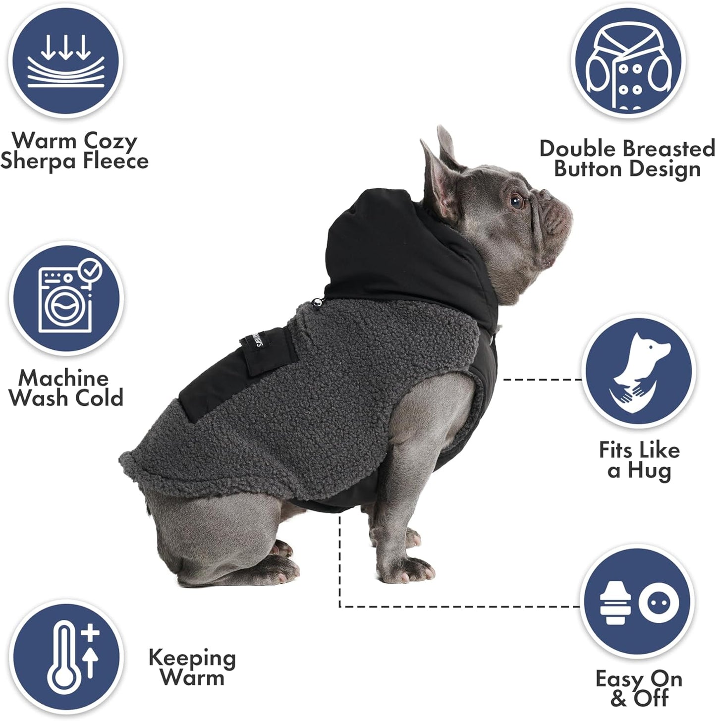 Spark Paws Reversible Dog Sweater, Sherpa Jacket Vest with Warm Fleece Lining, Warm Coat for Winter, Suitable for Small Medium, Large, XL XXL Dogs - Black and Grey - 4XL