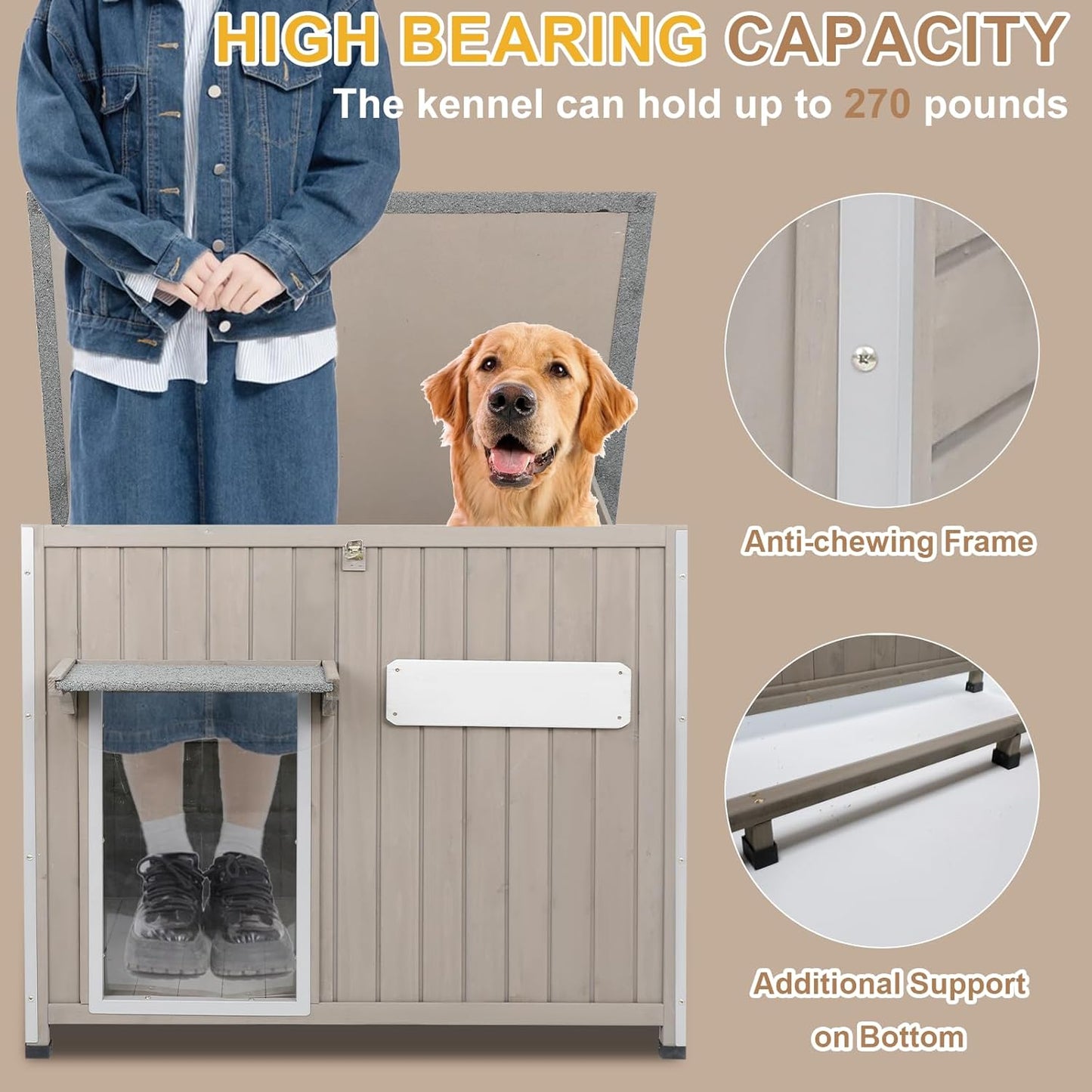 Weatherproof Outdoor Dog House, Wooden Puppy Shelter with Anti-Chewing Iron Frame and Elevated Floor, Sturdy Dog Kennel for Small, Medium & Large Dogs, Grey (Gray, 40" L x 26" W x 31" H)