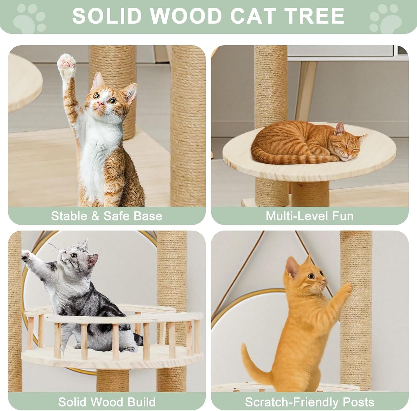 Wood Cat Tree 17” x 16”x 53” Modern Sturdy Cat Tower with Double Condos Hand-Woven Beds & Toys Multilevel Huge Paws Pals Tree Indoor Cat Furniture for Big Cats