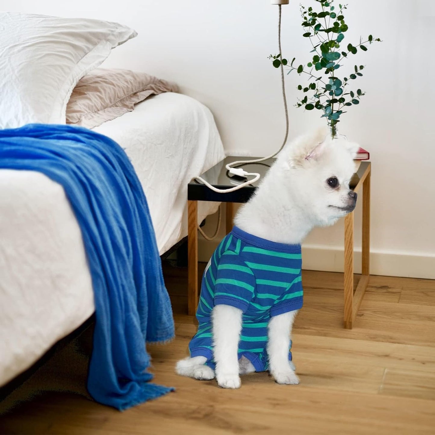 TONY HOBY Dog Pajamas for Medium Small Dogs, Dog Jumpsuit with Stripes 4 Legged Pajamas, Soft Dogs Pet Clothes (Blue&Green, Girl, XL)