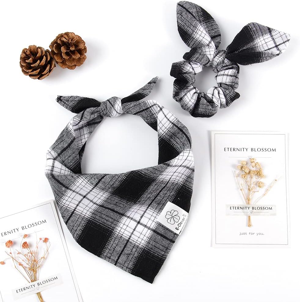 E-Clover Dog Bandanas & Matching Scrunchie Set Boy Plaid Dog Scarf Triangle Bandana Bibs for Medium Large Dog Owner Birthday Gifts Black White