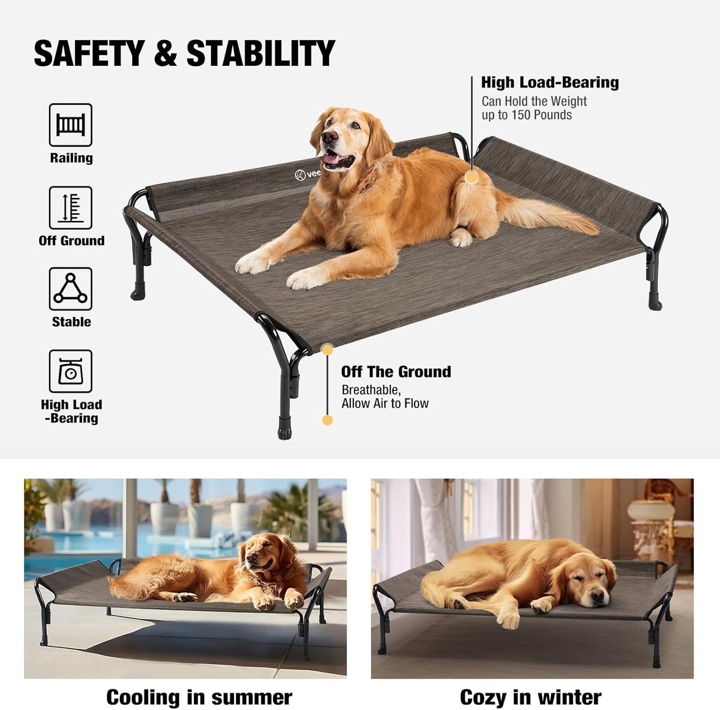 Veehoo Medium Elevated Dog Bed, Guardrail, Non-Slip, Chewproof, Washable & Breathable Teslin Mesh, Brown