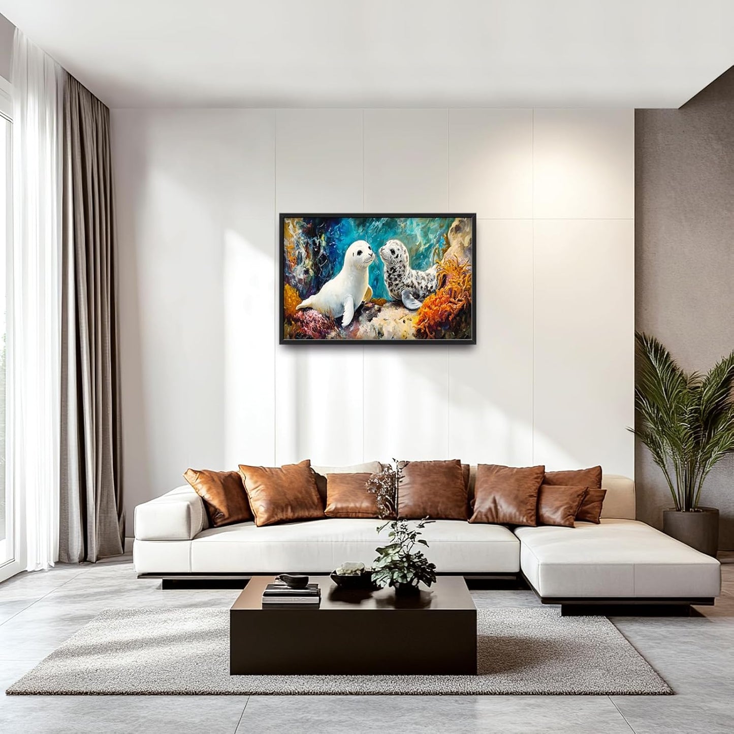 Extra Large Seal Framed Wall Art for Living Room,Oversized Underwater Animal Pictures Wall Decor,Ocean Coral Reef Canvas Print Painting Modern Artwork Bedroom Office Bathroom 36L" x 24W"