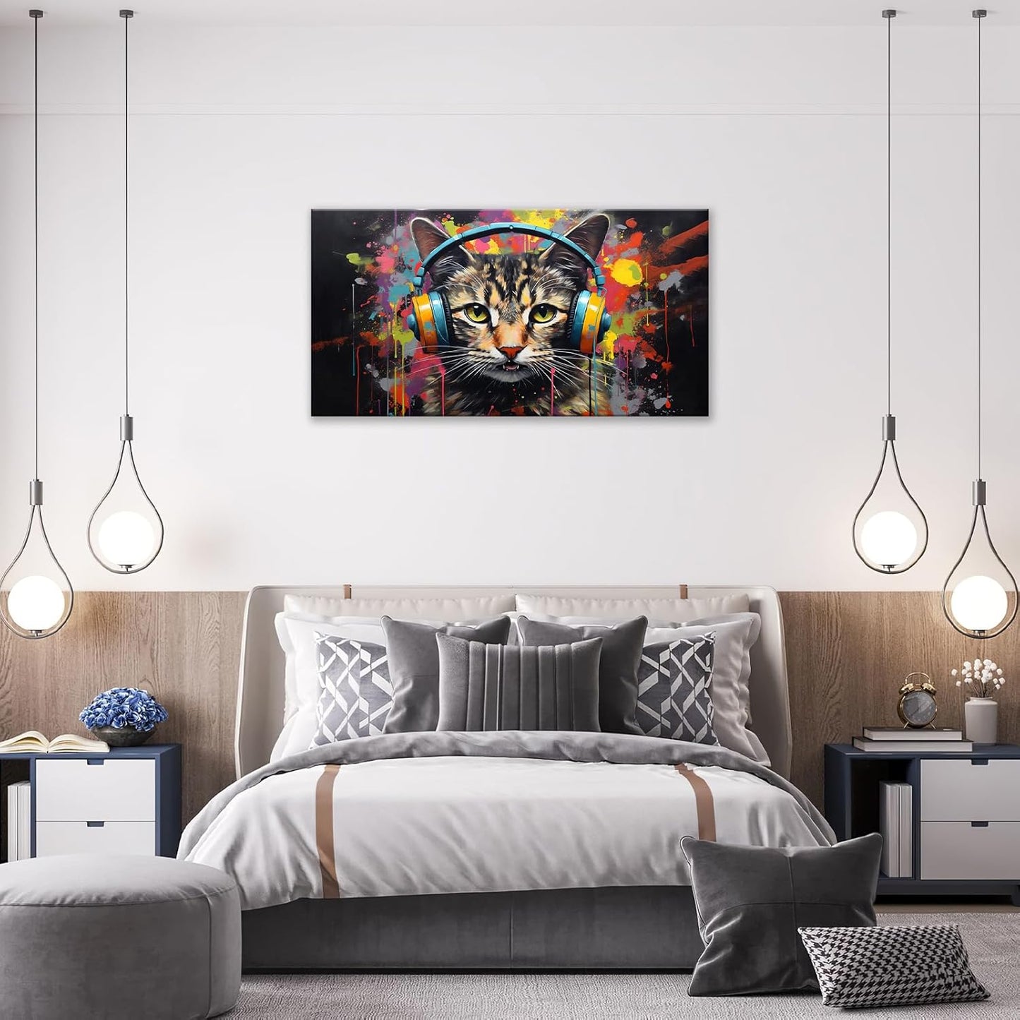 Large Banksy Cat Wall Art Colorful Graffiti Canvas Living Room Pictures Framed Prints Street Pop Modern Wall Decor Painting Artwork for Bedroom Dining Office Home 60"x30"