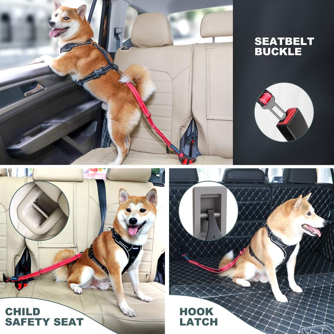 IOKHEIRA Dog Seat Belt 3-in-1 Car Harness for Dogs Adjustable Safety Seatbelt for Car Durable Nylon Reflective Bungee Fabric Tether with Clip Hook Latch & Buckle, Swivel Zinc Alloy Carabiner Red