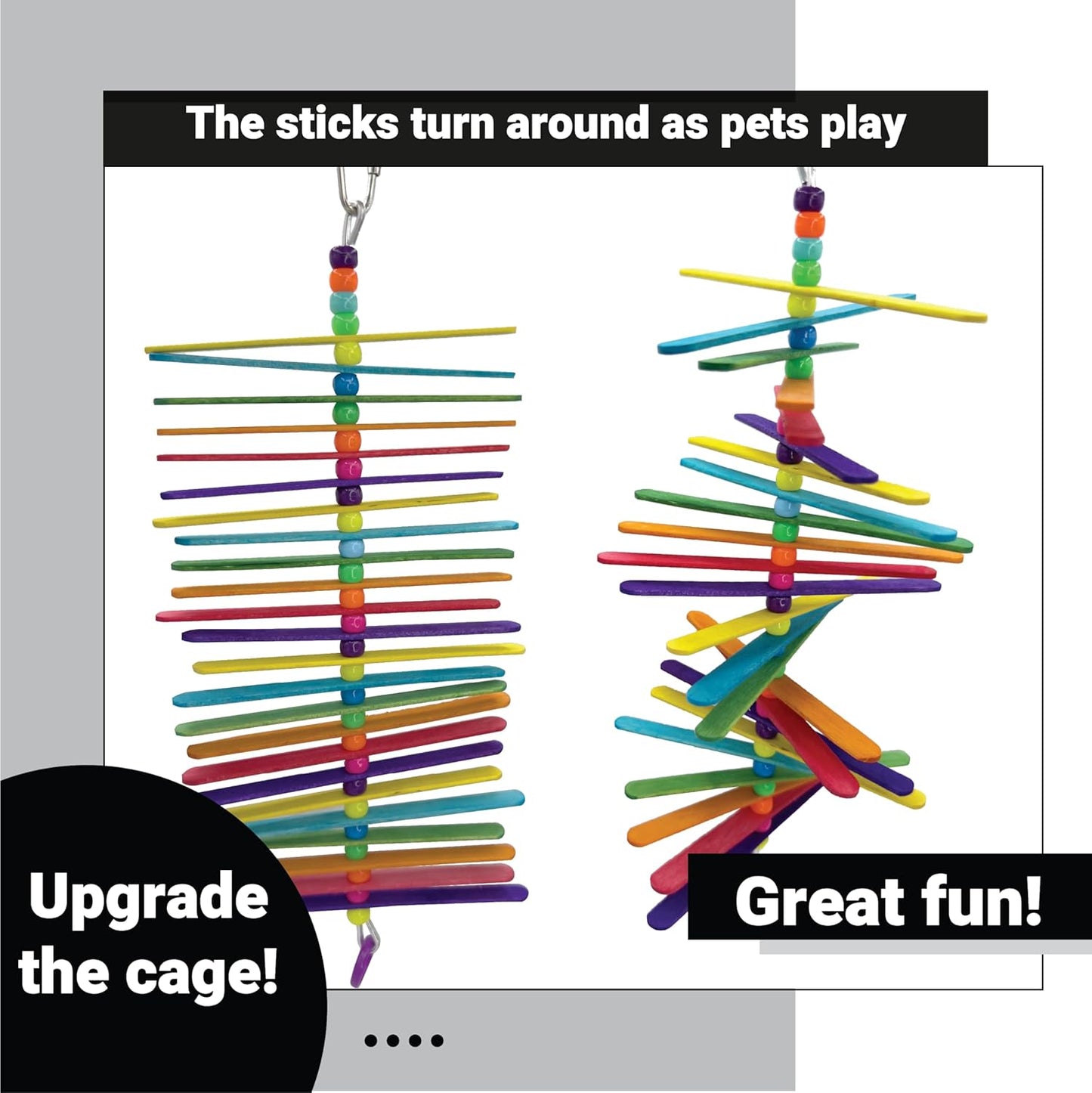 859 Mini Long Rainbow Stick - Handcrafted with Colorful Wooden Slats and Beads, Chewable sticks turn around as pets play, Great for Budgies, Parrotlets, Lovebirds and Small Pet Birds
