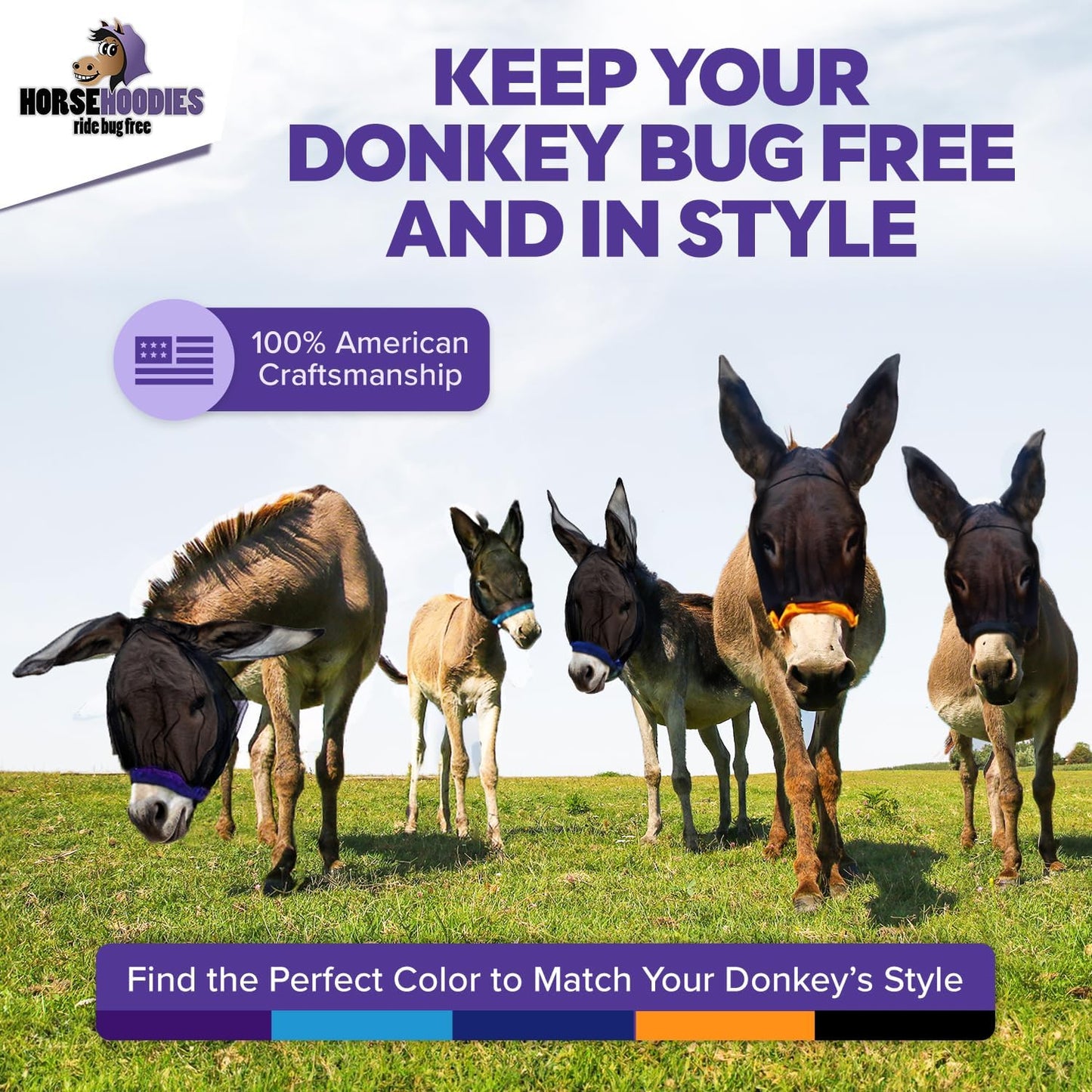 Donkey Fly Mask with Long Ears (Purple) Made in USA - Mule Fly Mask with Ears Protection from Insects and Bugs, Small Donkey Soft Mesh Fabric with Adjustable Fastener, Face Cover Supplies for Donkeys