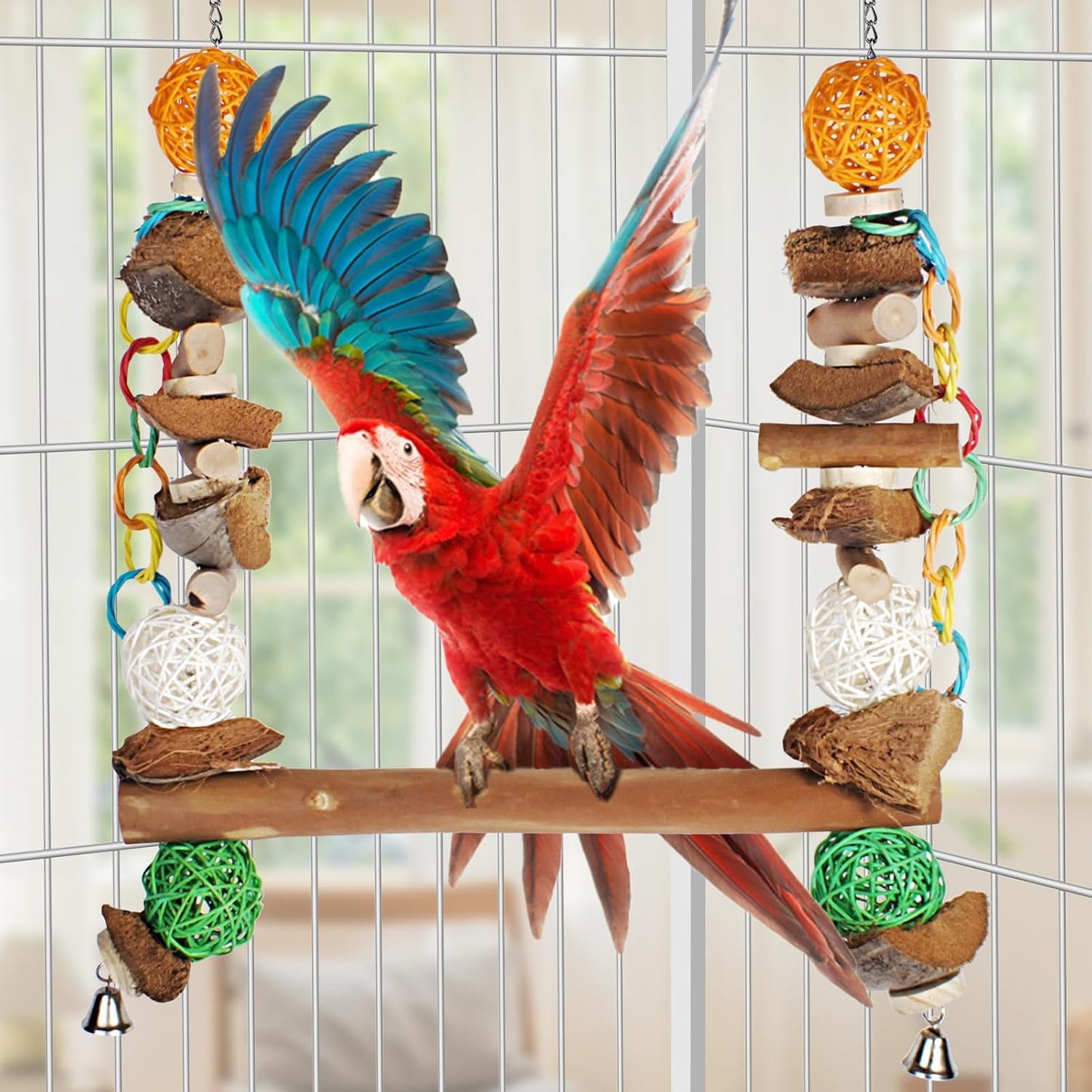 3-in-1 Parrot Toys Natural Coconut Fiber Parrot Hammock (Swing + Perch + Chew Toy) Natural Bird Perches for Medium Large Birds - 23" Bird Toys for Parrots Stand