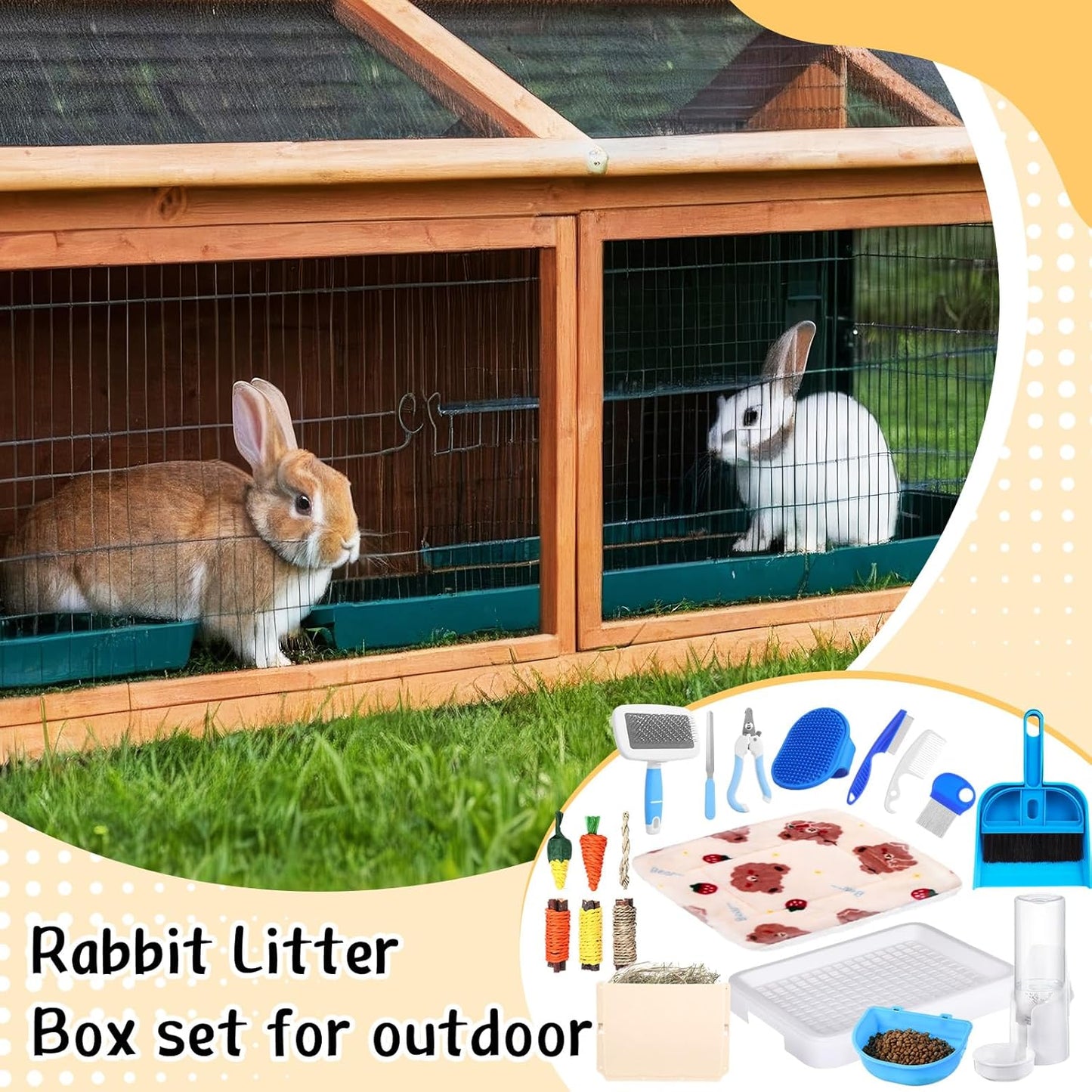19 Pcs Rabbit Starter Kit Small Bunny Litter Box Animal Grooming Kit Water Bottle Bunny Toys Hay Feeder Bowl Blankets with Cleaning Set for Guinea Pig Rabbit Accessories (White)