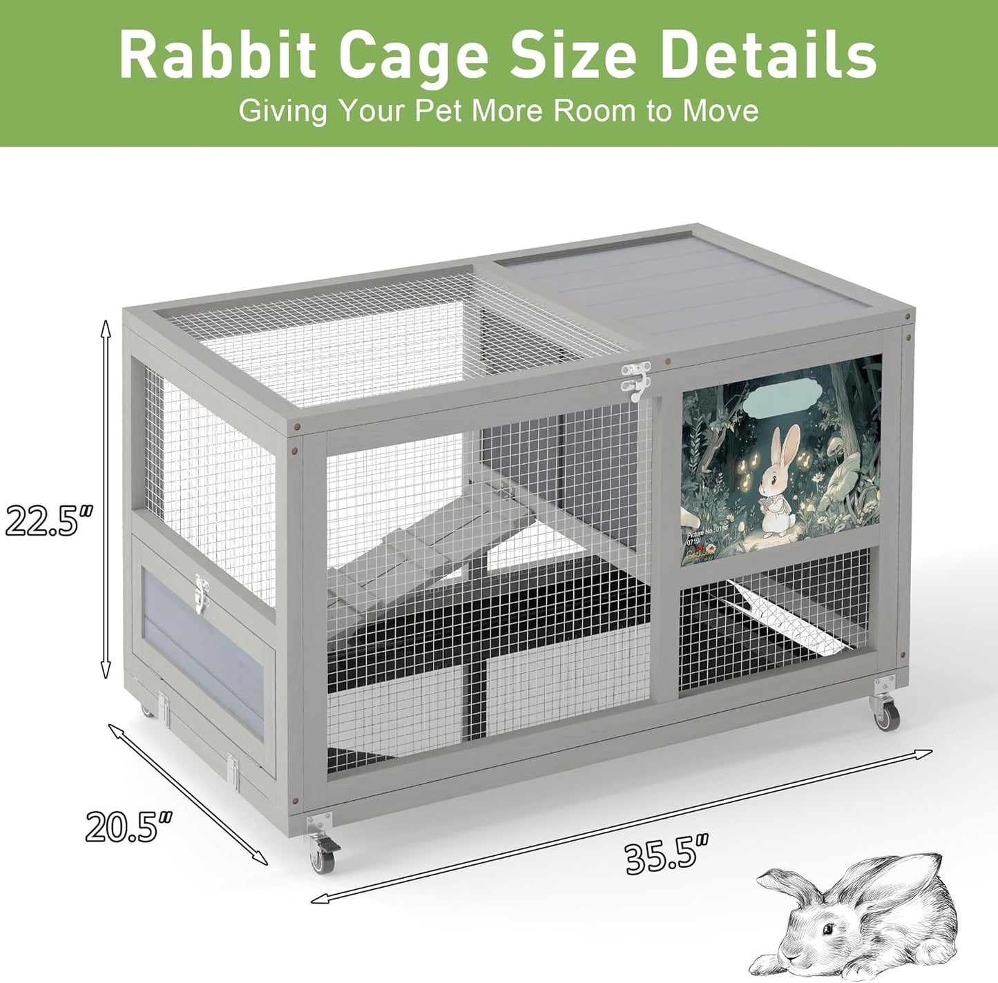 COZIWOW Fashionable Wood 36In Rabbit Hutch Indoor on Wheels Bunny Cage Outdoor Rabbit Cage with Clean Tray, Openable Roof, Anti-Slip Ramp for Small Bunny Rabbit (Grey with Pattern)