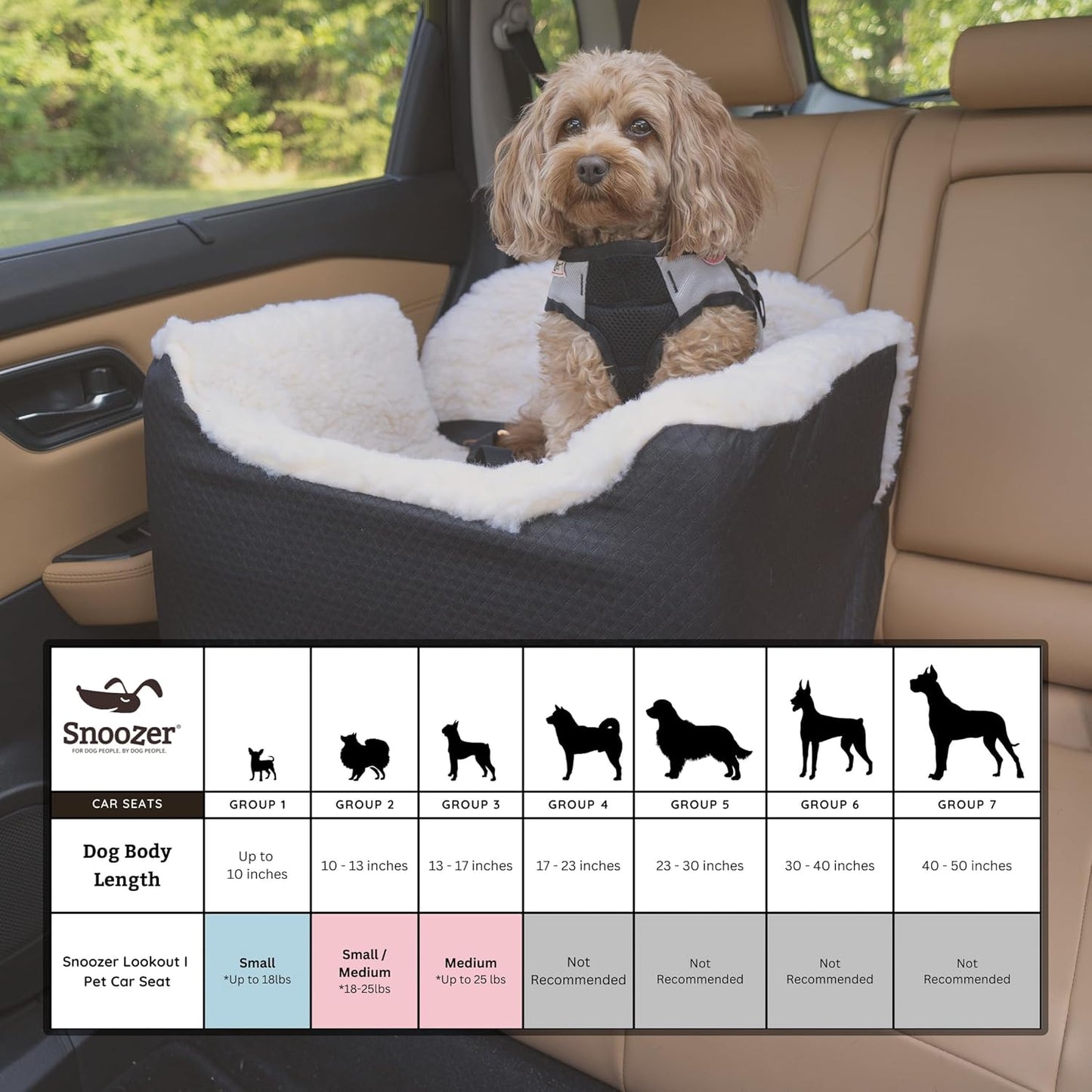 Snoozer Dog Car Seat: Lookout I Dog Booster Car Seat for Dogs Small 5-15 lbs, Pet Car Seat to Alleviate Car Sickness for Dogs, Included Harness Strap, Buckskin Removable Machine Washable Cover