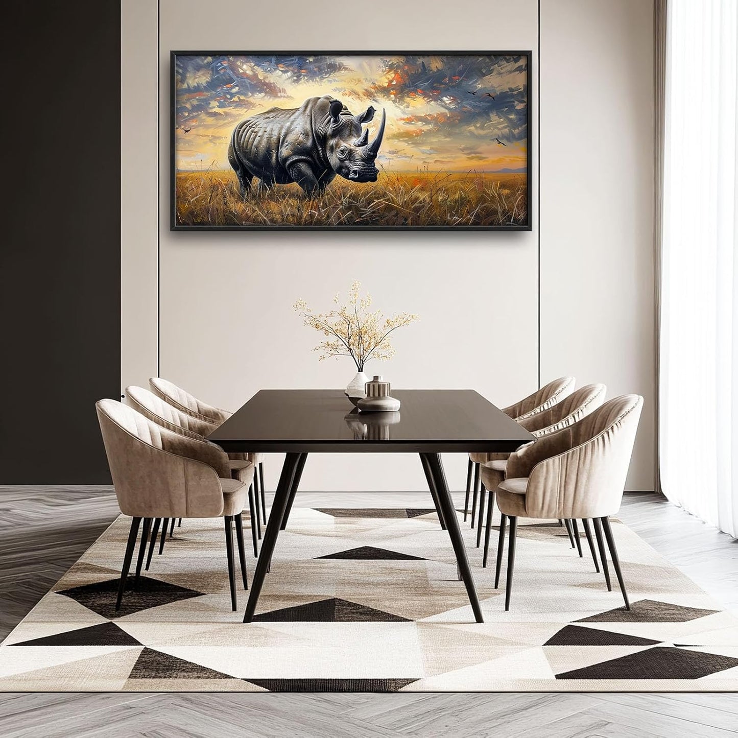 Rhino Large Wall Art Rustic Cool Wild Animal Rhinoceros Pictures Sunset Field Landscape Wall Decor Canvas Print Painting Artwork for Bathroom Living Room Bedroom 60L" x 30W"