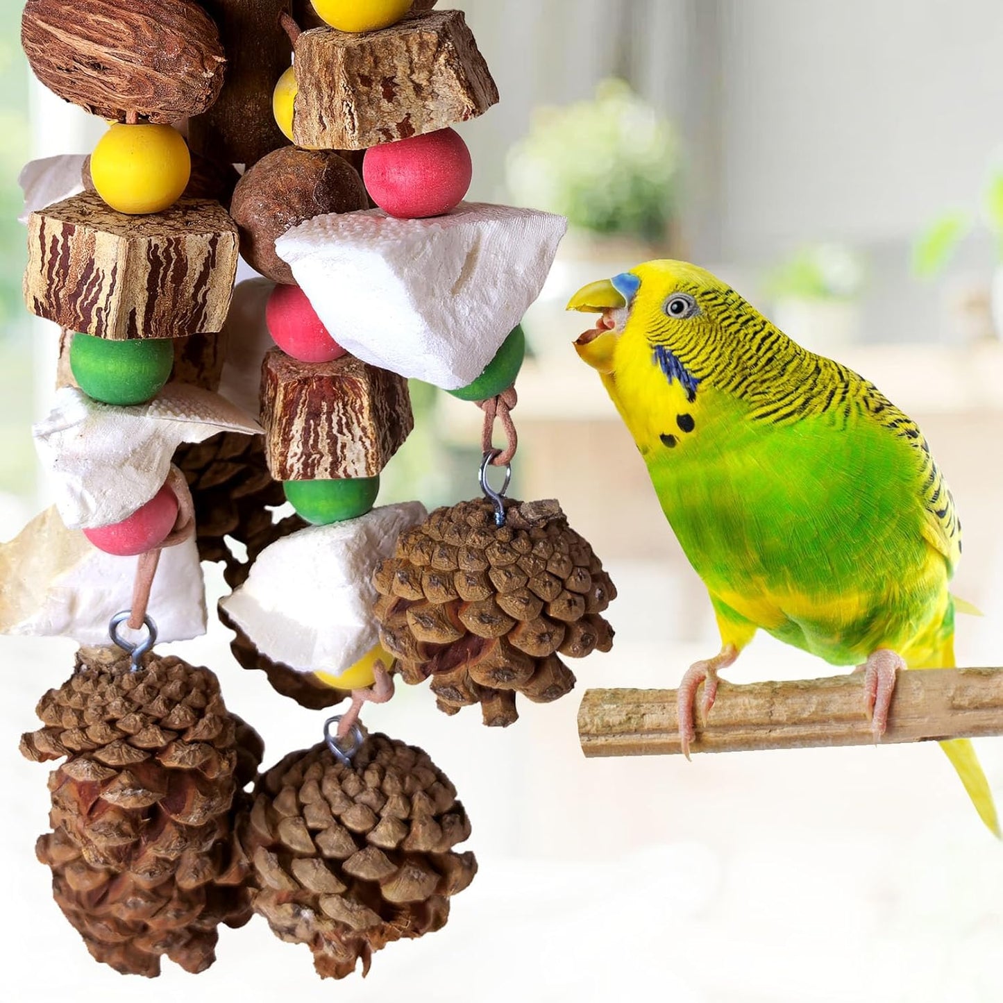 kathson Parrot Chew Toys, Medium Size Natural Wooden Bird Toys with Colorful Blocks, Hanging Bird Cage Accessories for Cockatiels, Conure, Cockatoos, 2 Pack (Style B)