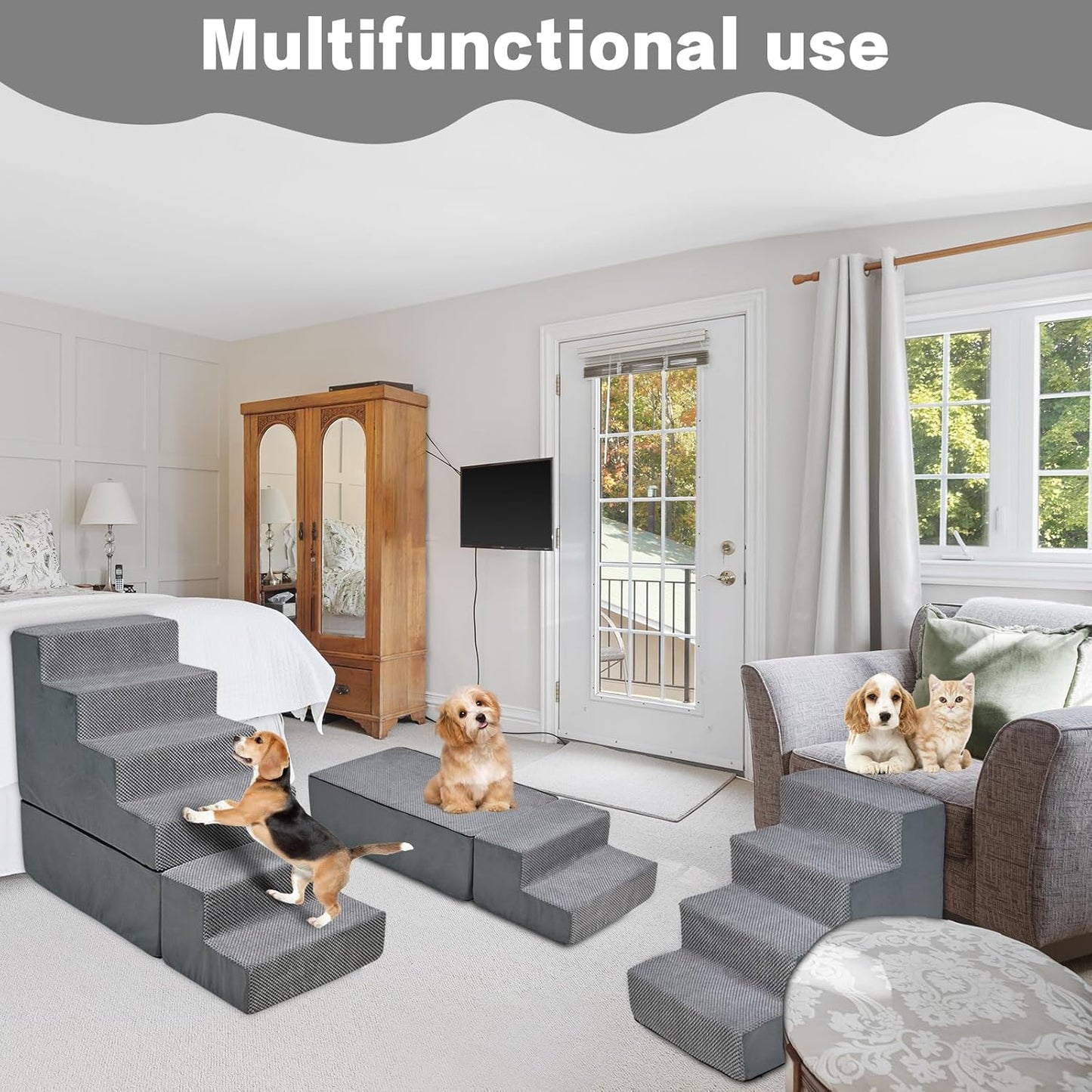 Dog Stair Steps for High Beds 30 inches Tall, 33D Foam Dog Ramp for Bed 30-32 inches, 6-Step Pet Stair Steps for Small Large Dogs for Bed Climbing, Non-Slip Dog Steps for Older Dogs/Cats, Grey
