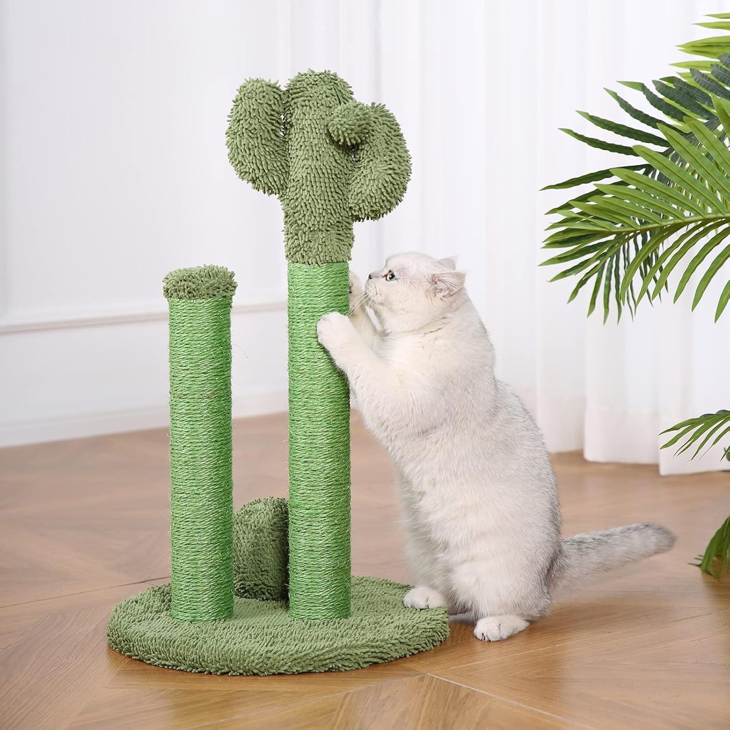 Amazon Basics Cat Scratcher - Indoor Cactus Triple Posts Cat & Kittens Scratching Post with Dangling Ball, Large (27"H) - Green