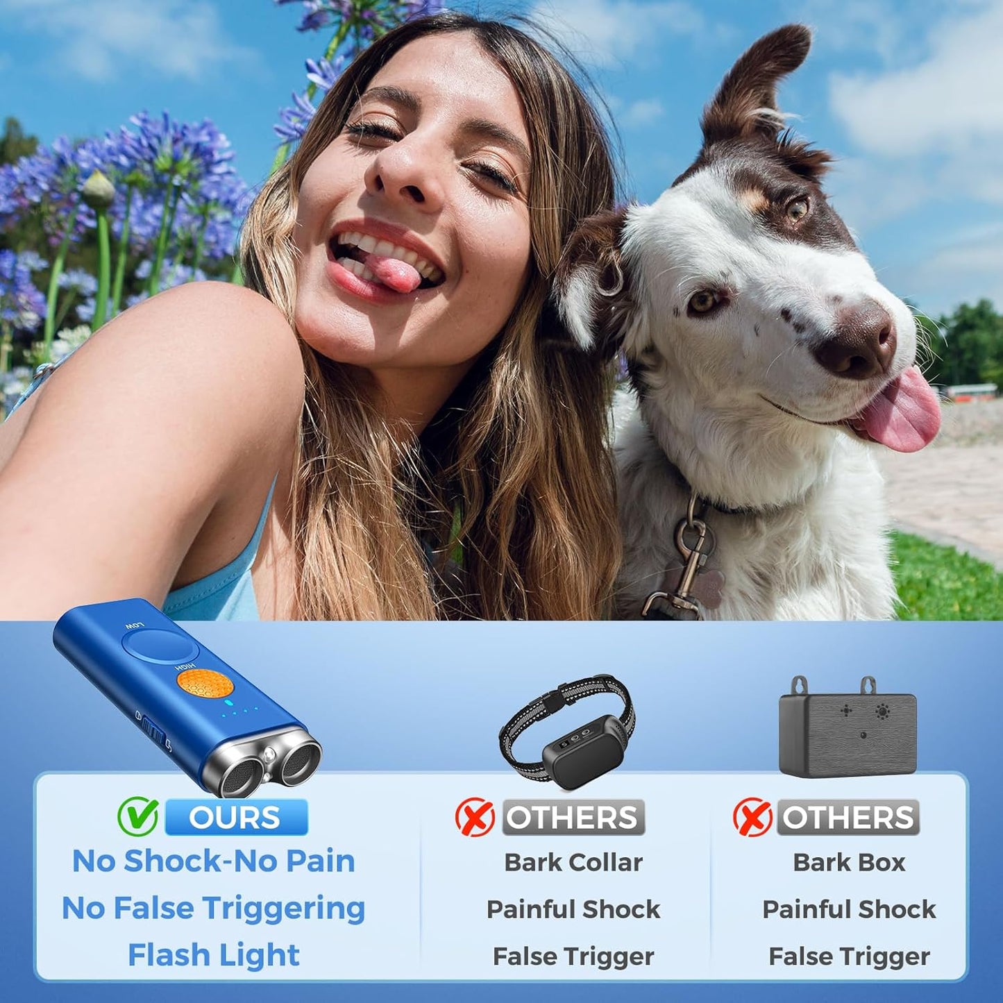 Dog Bark Deterrent Device, 3-in-1 Anti Barking Device for Dogs Barks No More Ultrasonic Dog Training 50ft Rechargeable Portable 2X Power Emitters for Behavior Correction Safe & Effective for All Dogs