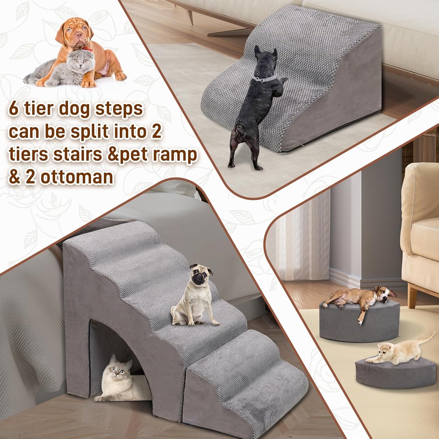 Foam Dog Stairs & Steps Ramps for High Beds 30 inches Tall for Small Dogs and Cats, LitaiL 6 Step Pet Stairs Steps for High Beds 30 inch Large Dogs, Non-Slip Dog Ramps for Older Cat