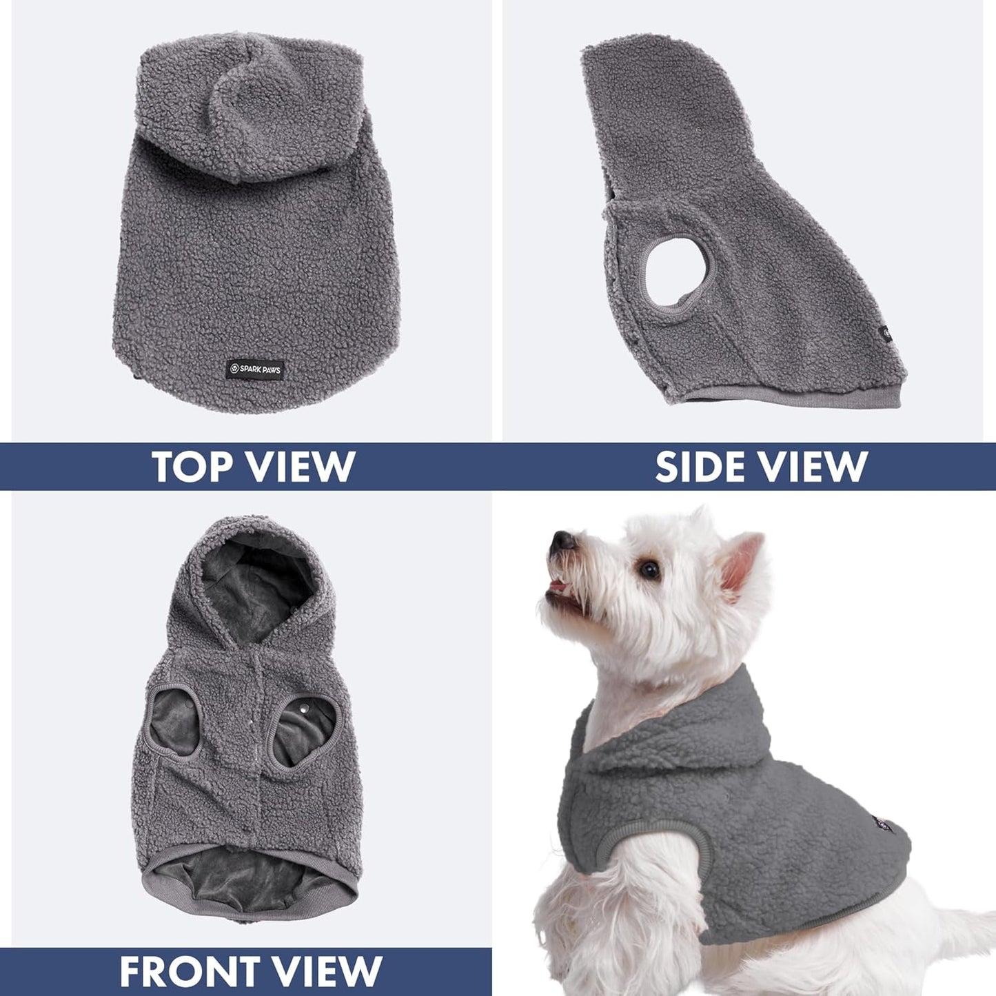 Spark Paws Teddy Dog Sweater, Sherpa Jacket Vest with Warm Fleece Lining, Winter Coat Suitable for Small Medium Large XL XXL Breeds - Grey - M