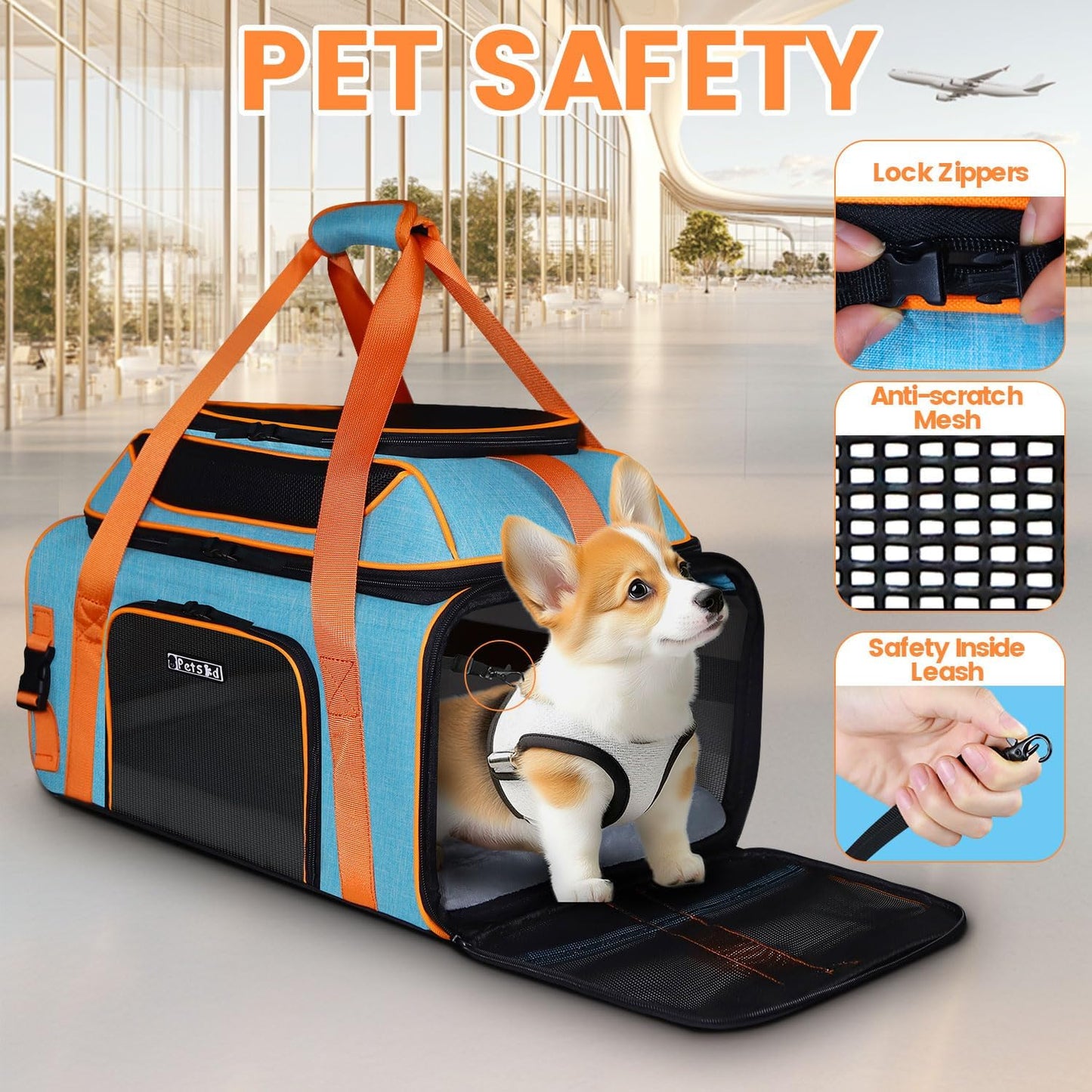 Petskd Top-Expandable Pet Carrier with Wheels 19x13x9 Inches Southwest Allegiant Airlines Approved, Soft-Sided Carrier for Small Dog Under 12 lbs and Large Cat Under 15 lbs(Blue)