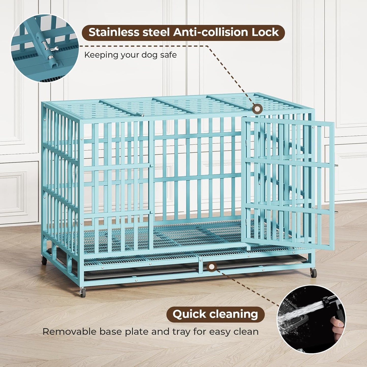 48IN Heavy Duty Dog Crate Steel Escape Proof, Indoor Double Door High Anxiety Cage Removable Tray, Extra Large,Blue