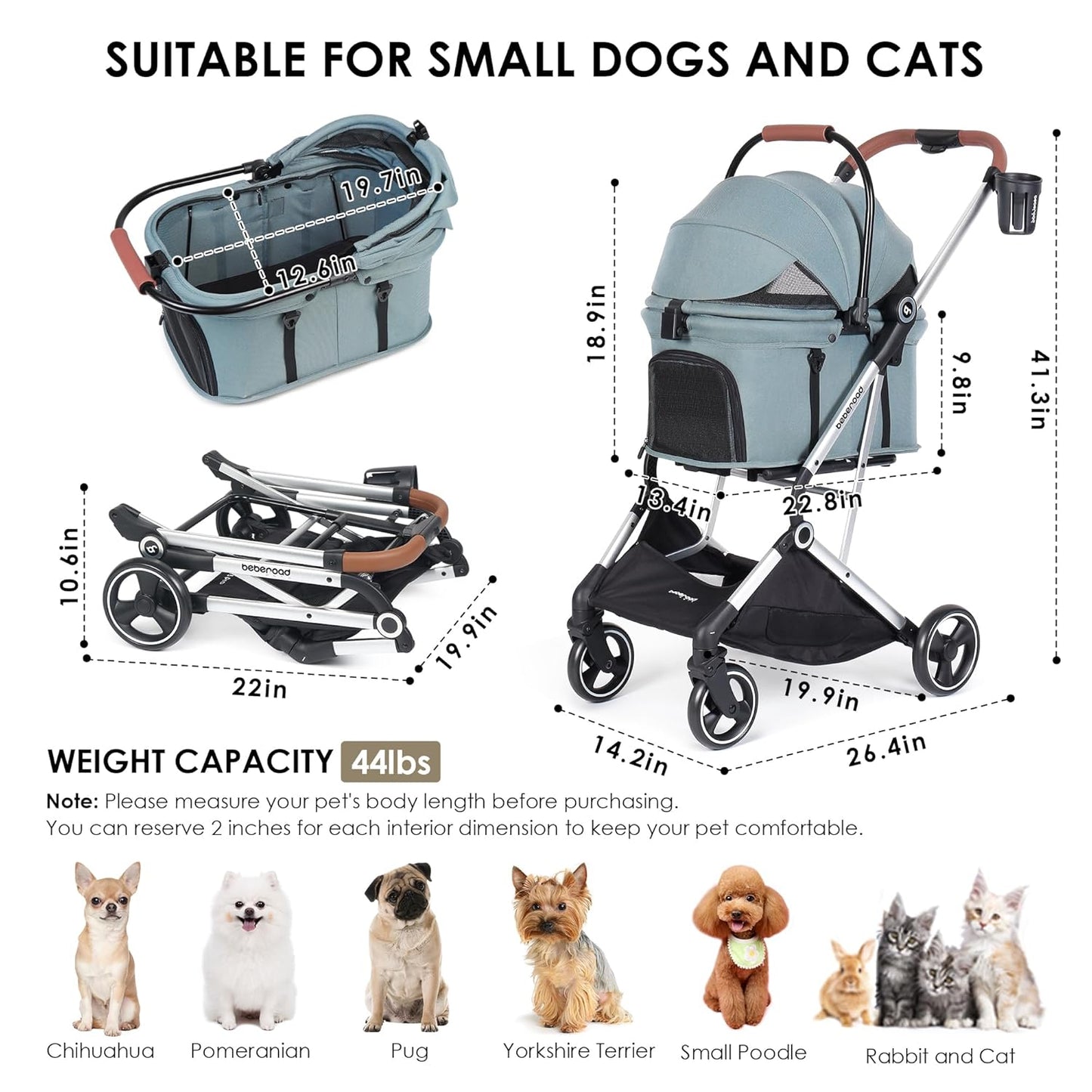 T3 Pro 3-in-1 Small Pet Stroller for Dog & Cats, 4 Wheels with Detachable Carrier with Pad, Canopy and Cup Holder, Green