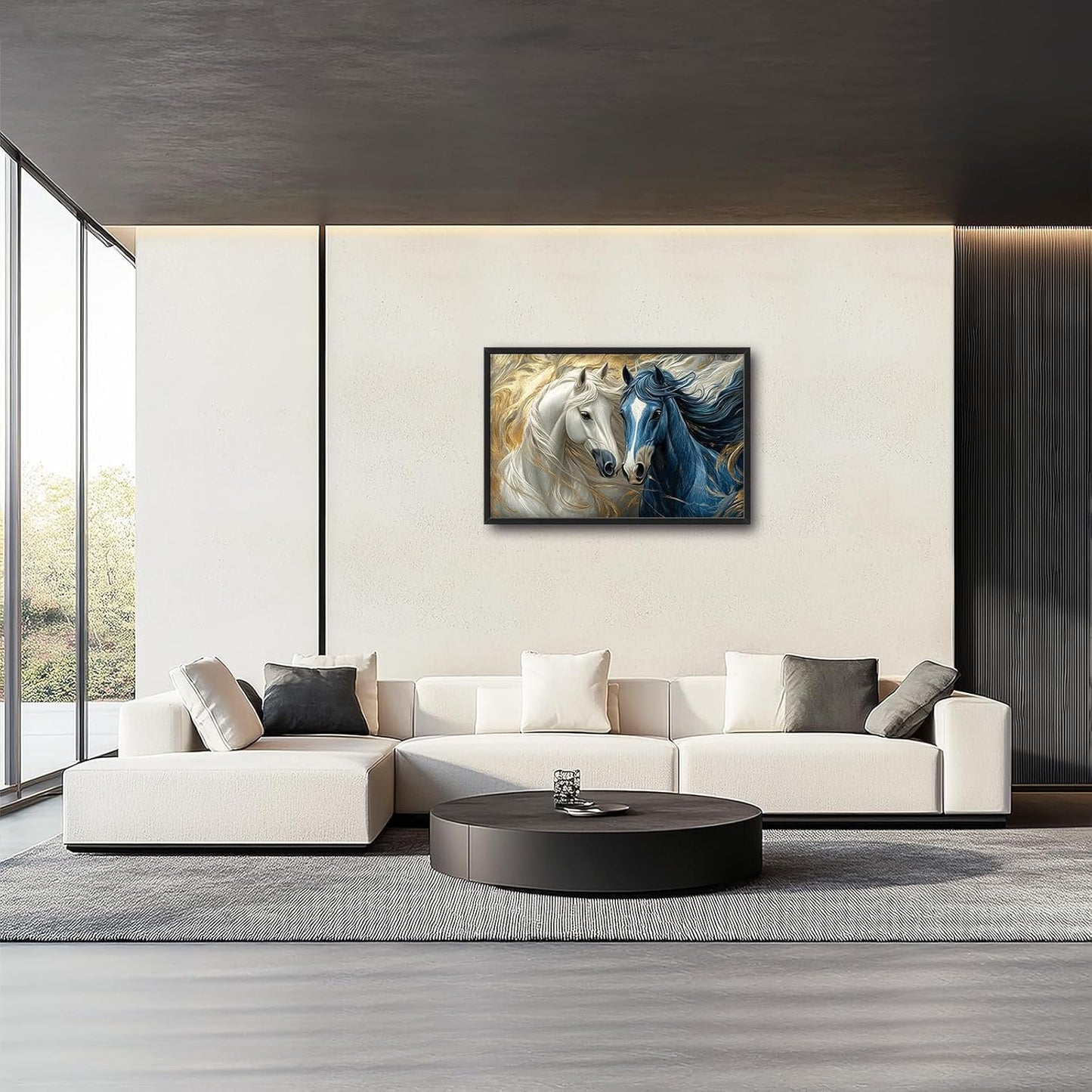 Framed Large Horse Wall Art for Living Room, Oversized Abstract Horses Wall Decor Blue and Golden Canvas Painting Animal Pictures Modern Artwork for Living Room Bedroom Office 36"x24"