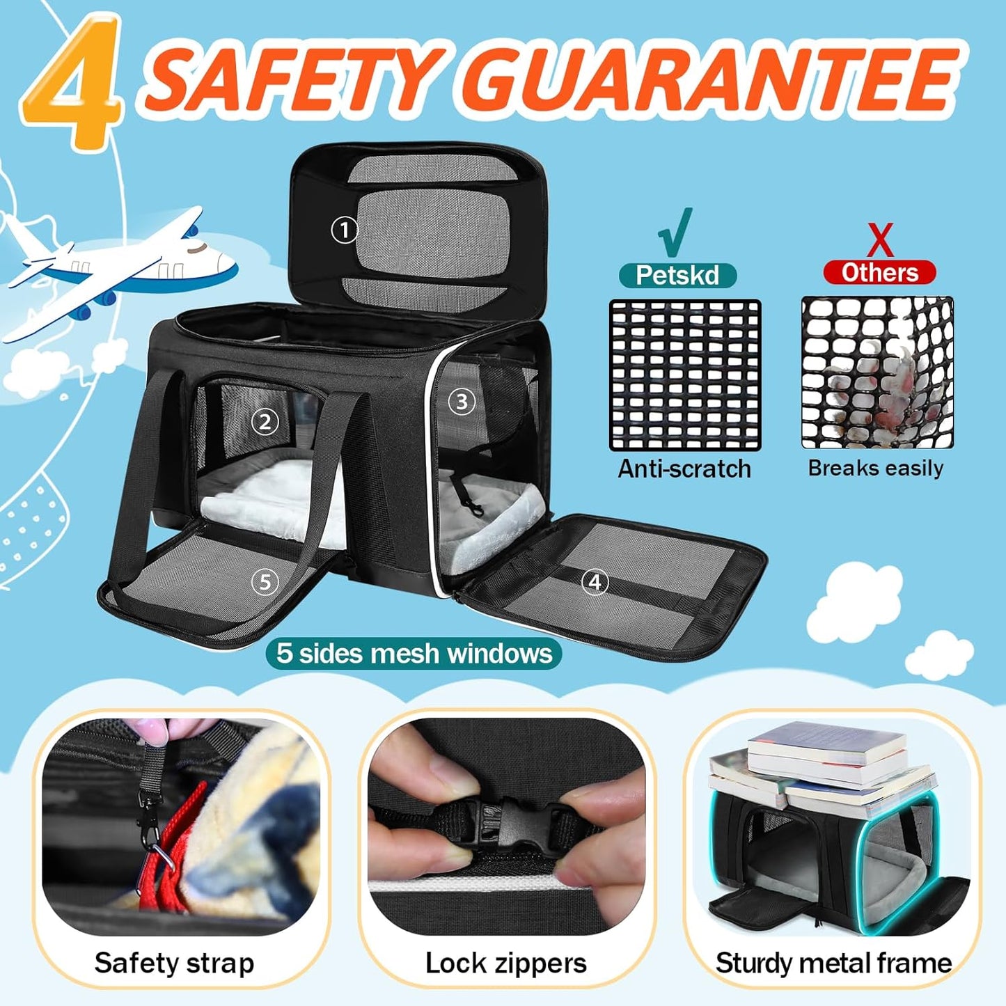 Petskd Top-Expandable Pet Carrier with Wheels 17x11x9.5 Inches Alaska Airline Approved, Soft-Sided Carrier for Small Cats Dogs with Locking Safety Zippers and Anti-Scratch Mesh(Black)