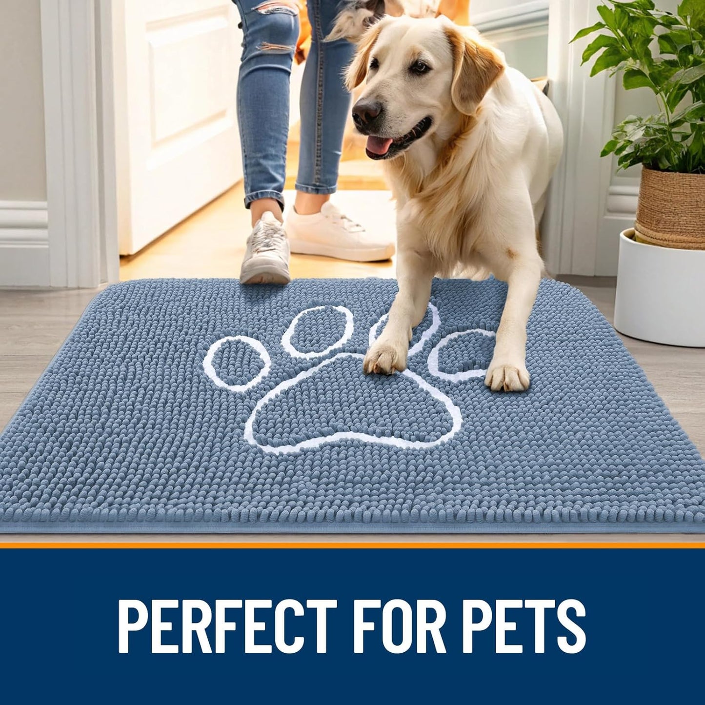 OLANLY Door Mat for Muddy Dog Paws 30x20, Absorbent Chenille Doormat with Paw Print Design, Non-Slip Washable Doormat for Indoor Entryway, Quick-Dry Pet Bed Mats for Dirty Dogs, Airy Blue and White