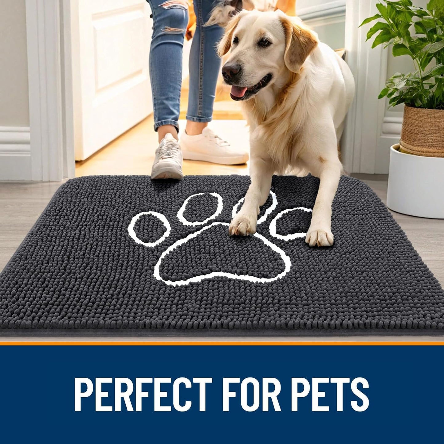 OLANLY Door Mat for Muddy Dog Paws 47x24, Ultra Absorbent Chenille Mud Doormat with Paw Print Design, Non-Slip Washable Doormat for Indoor Entryway, Quick-Dry Pet Bed Mats for Dirty Dogs, Dark Grey