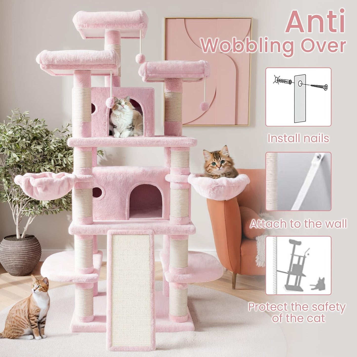 SHA CERLIN 68 Inches Multi-Level Large Cat Tree for Large Kitties/Big Cat Tower with Condo/Cozy Plush Pussycat Perches/Sisal Scratching Posts and Hammocks/Activity Center/Pink
