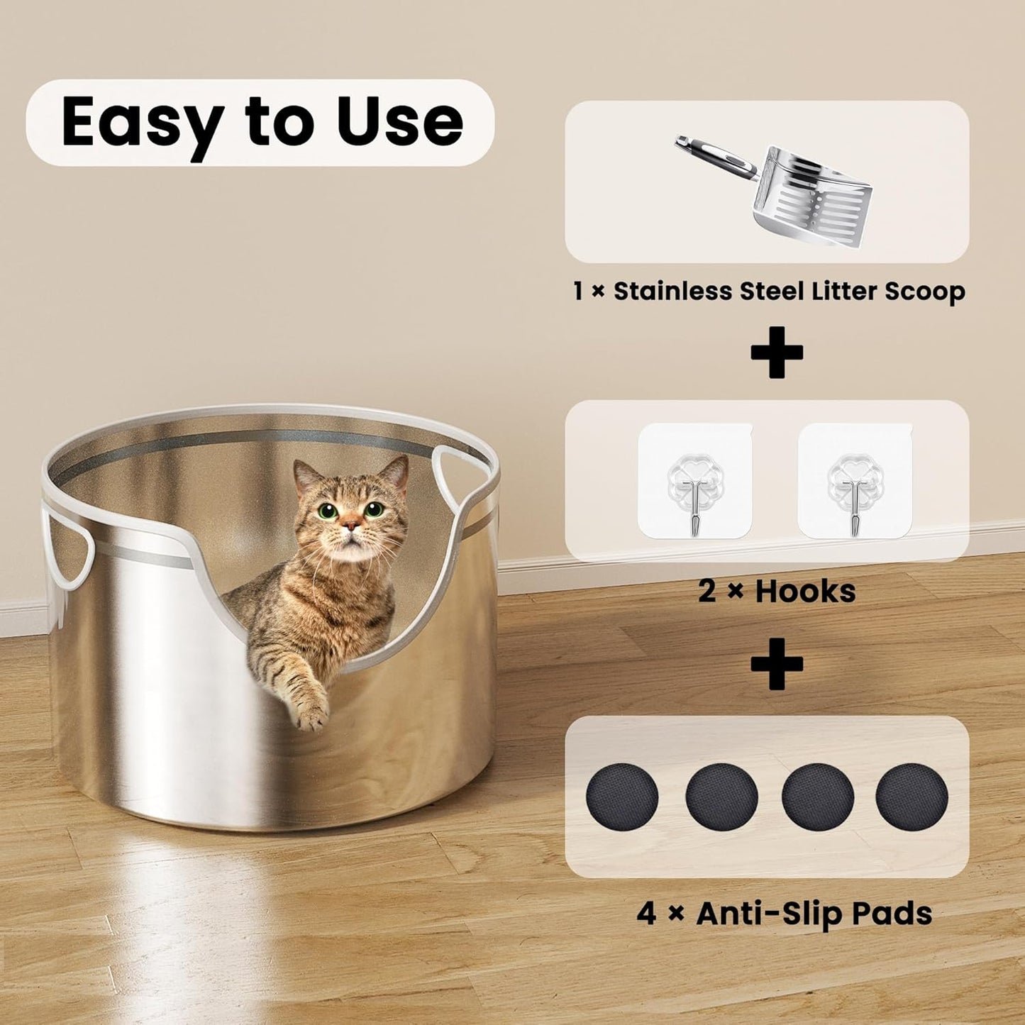 Stainless Steel Litter Box Metal with Integrated Round for XL/XXL Big and Multi Cats, 12" High Wall High Side, Odor Control, Easy to Clean, Durable, Includes Stainless Steel Scoop