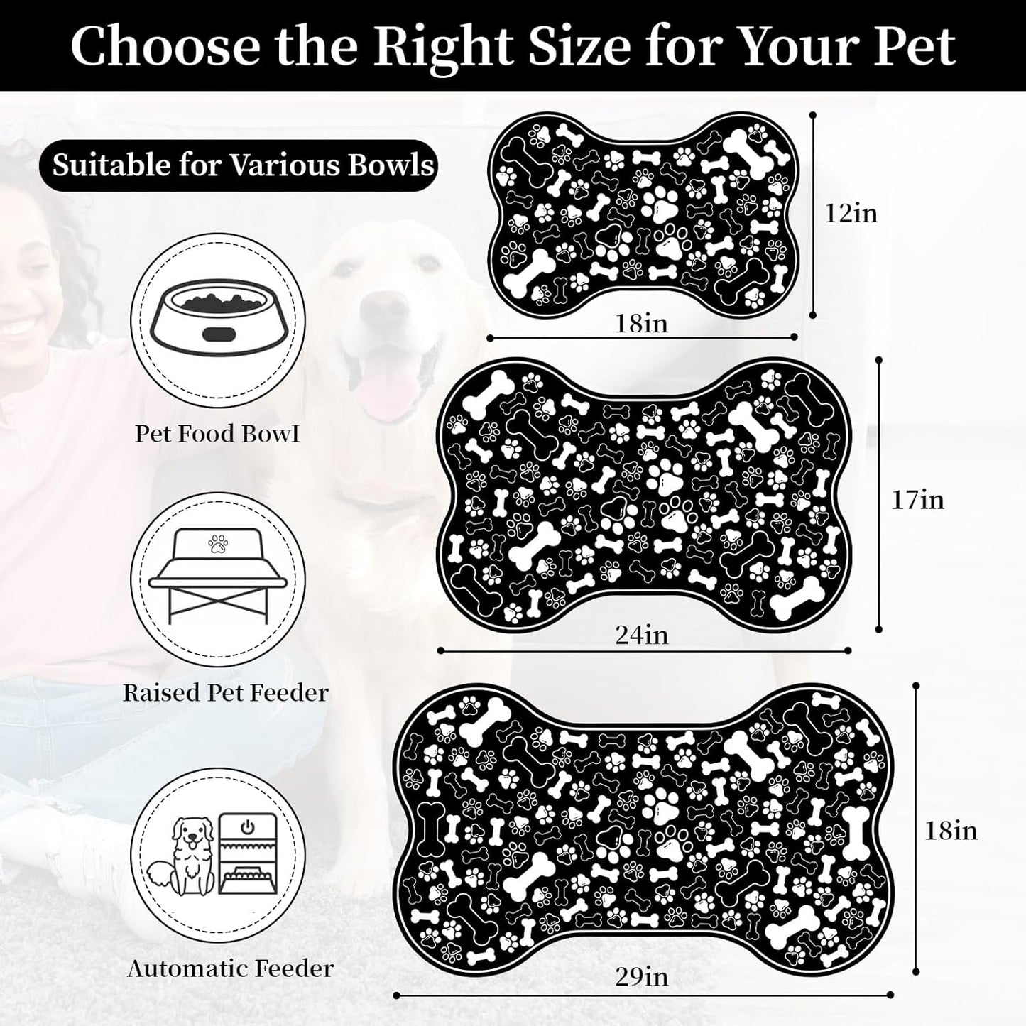 Dog & Cat Food Mat Bone Shaped Pet Feeding Mat Quick Absorb Water Bowl Placemat with Rubber Backing Indoor Floor Stain Resistant Pet Accessory Supplies (Black, 17x29 Inches)