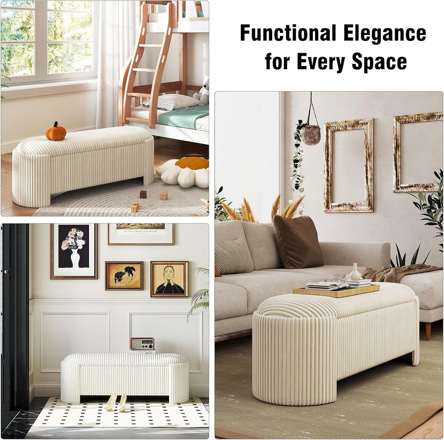 Storage Ottoman Bench Upholstered Corduroy End of Bed with Safety Hinge for Bedroom, Living Room, Entryway, Closet, Stool Modern Design Legs, No Installation Needed, White