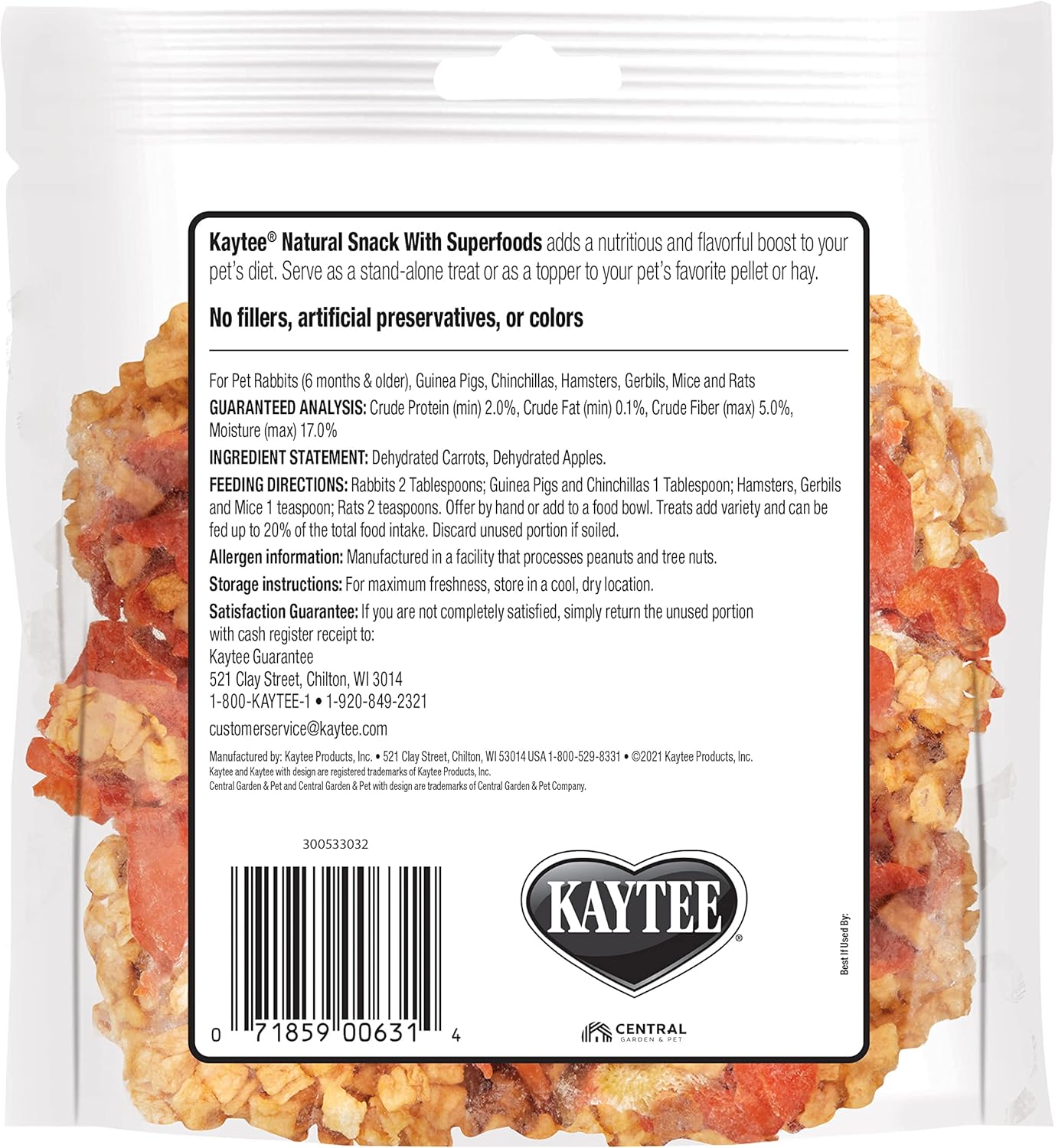 Kaytee Natural Snack with Superfoods For Pet Guinea Pigs, Rabbits, Hamsters, and Other Small Animals, Apple & Carrot, 2.5 Ounces