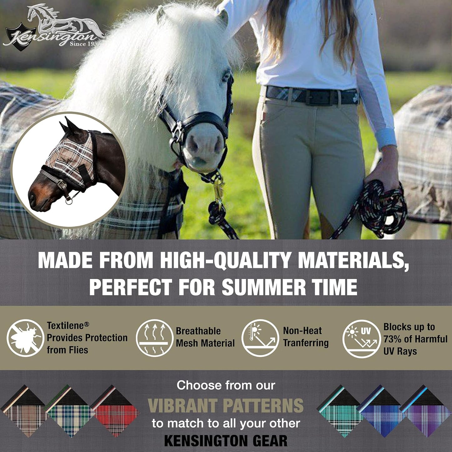 Kensington Fly Mask with Fleece Trim for Horses — Protects Face and Eyes Helps Block Sun Rays While Allowing Full Visibility — Breathable and Non Heat Transferring