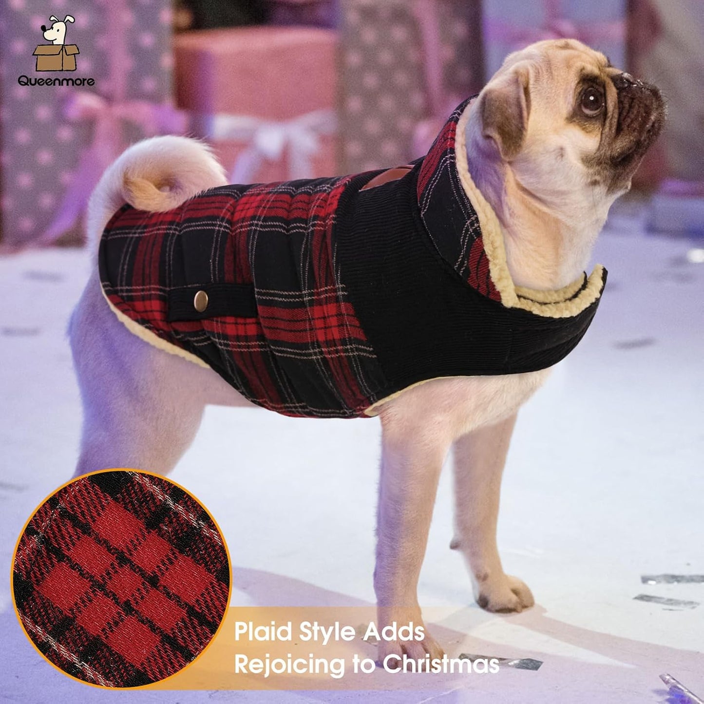 Queenmore Dog Winter Coat Warm Dog Jacket for Cold Weather, Quilting Puffer Plaid Coats for Small/Medium Dogs Waterproof,Girl/Boy Pet Christmas Coat,Pet Snowsuit with Leash Hole/Fleece Padding, M