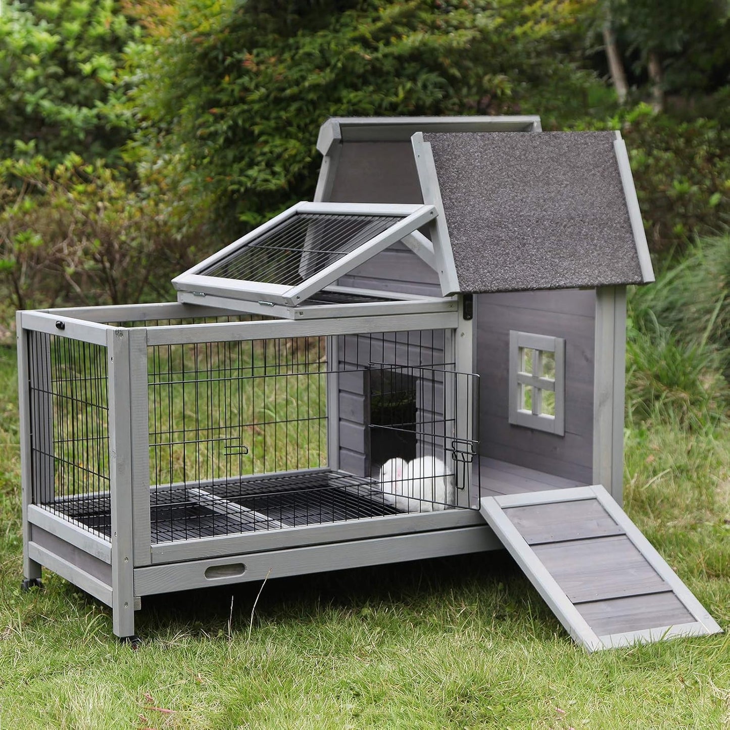 Indoor Rabbit Hutch Bunny Cage with 4 Casters, Bunny Hutch -Removable Wire Grate