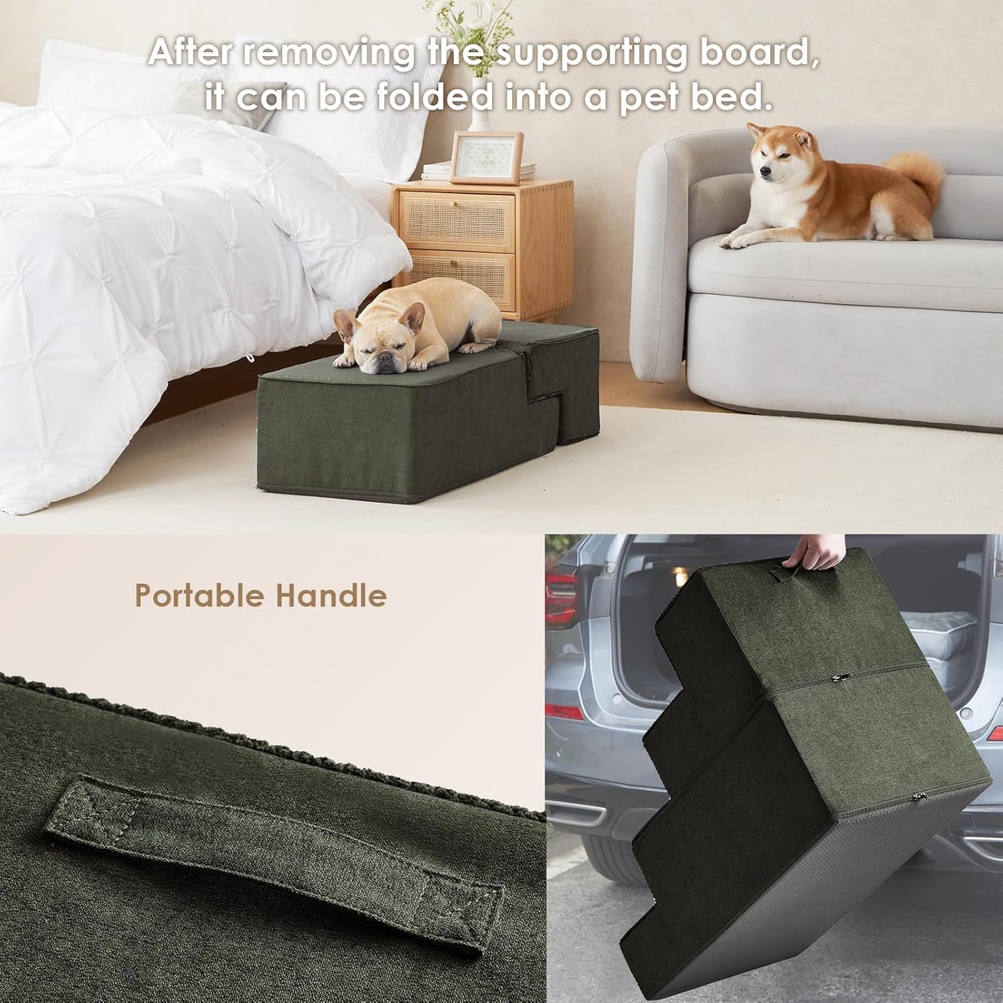 EHEYCIGA Dog Stairs for Bed 20" H, 4-Step Extra Wide Dog Steps for High Bed, Pet Steps for Small Dogs and Cats, Non-Slip Balanced Pet Ramp Indoor, Olive Green