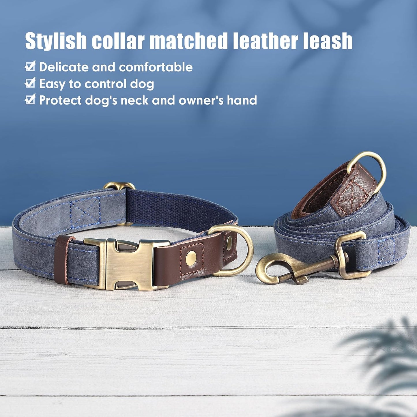 Didog Soft PU Leather Dog Collar for Large Dogs,Classic Adjustable Dog Collars with Quick Release Metal Buckle,Easy Clean and Comfortable with Nylon Lining,Blue,L Neck 15-23"