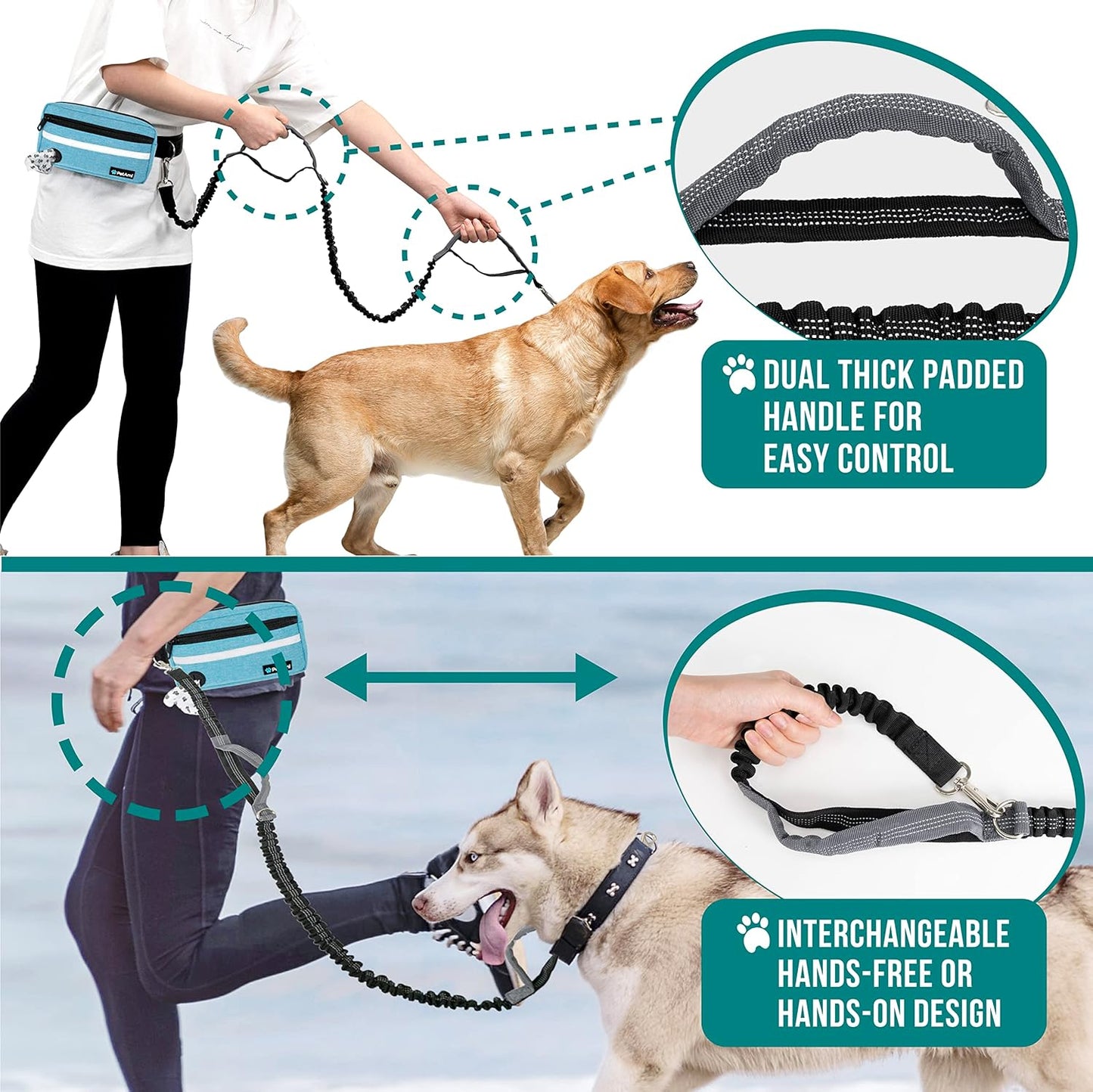 PetAmi Hands Free Dog Leash, Dog Running Leash Belt for Walking Jogging, Dog Waist Zipper Pouch Fanny Pack with Poop Bag Dispenser, Dual Padded Handle Bungee Leash for Small Medium Large Dogs, Double