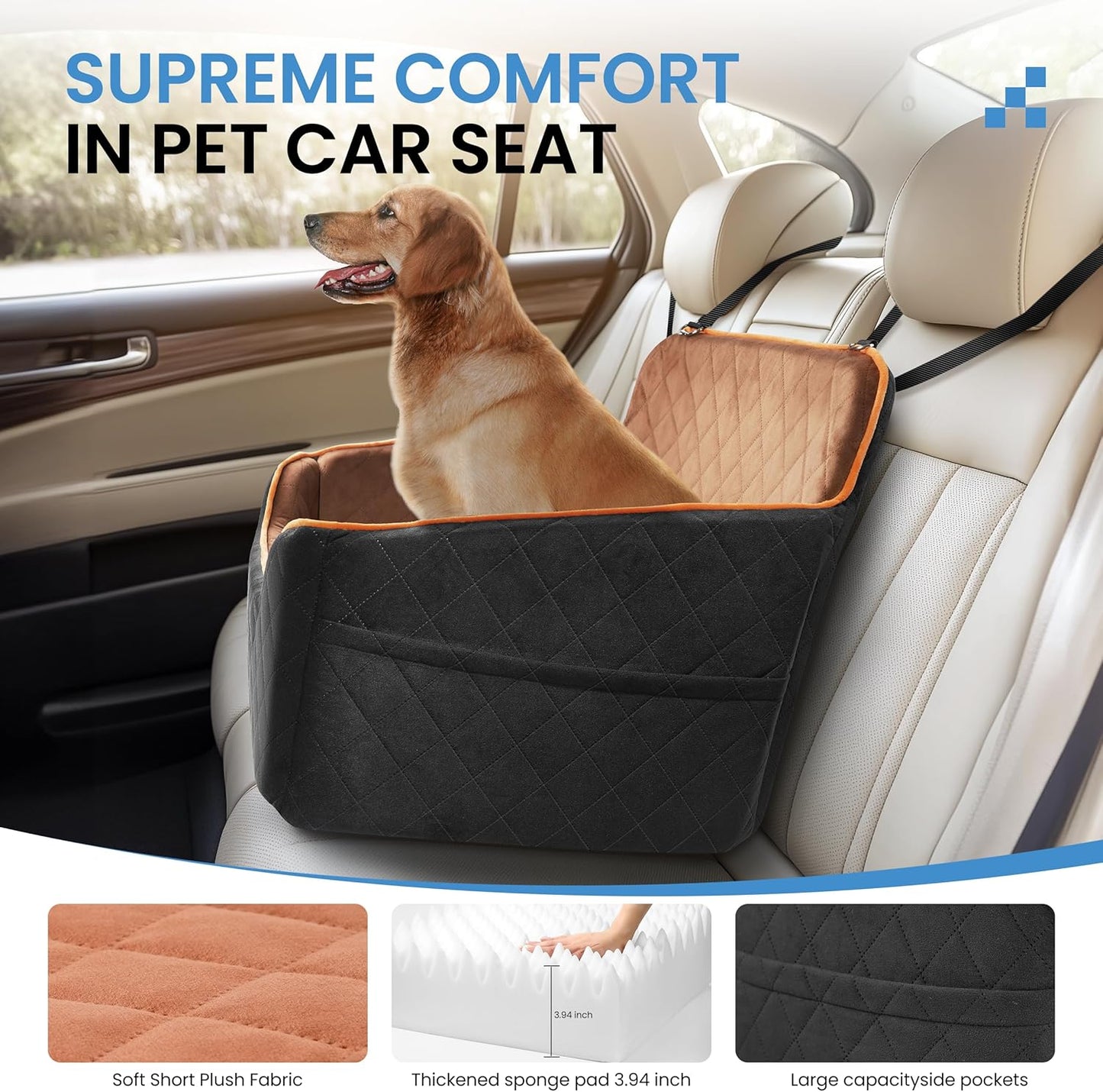 Dog Car Seat for Medium Dogs - Pet Car Seat with 2 Safety Straps & Waterproof Padding, Portable Pet Carrier for Cars, Trucks & SUVs, Comfortable Booster Bed for Pets Up to 55lbs (Black/Coffee)