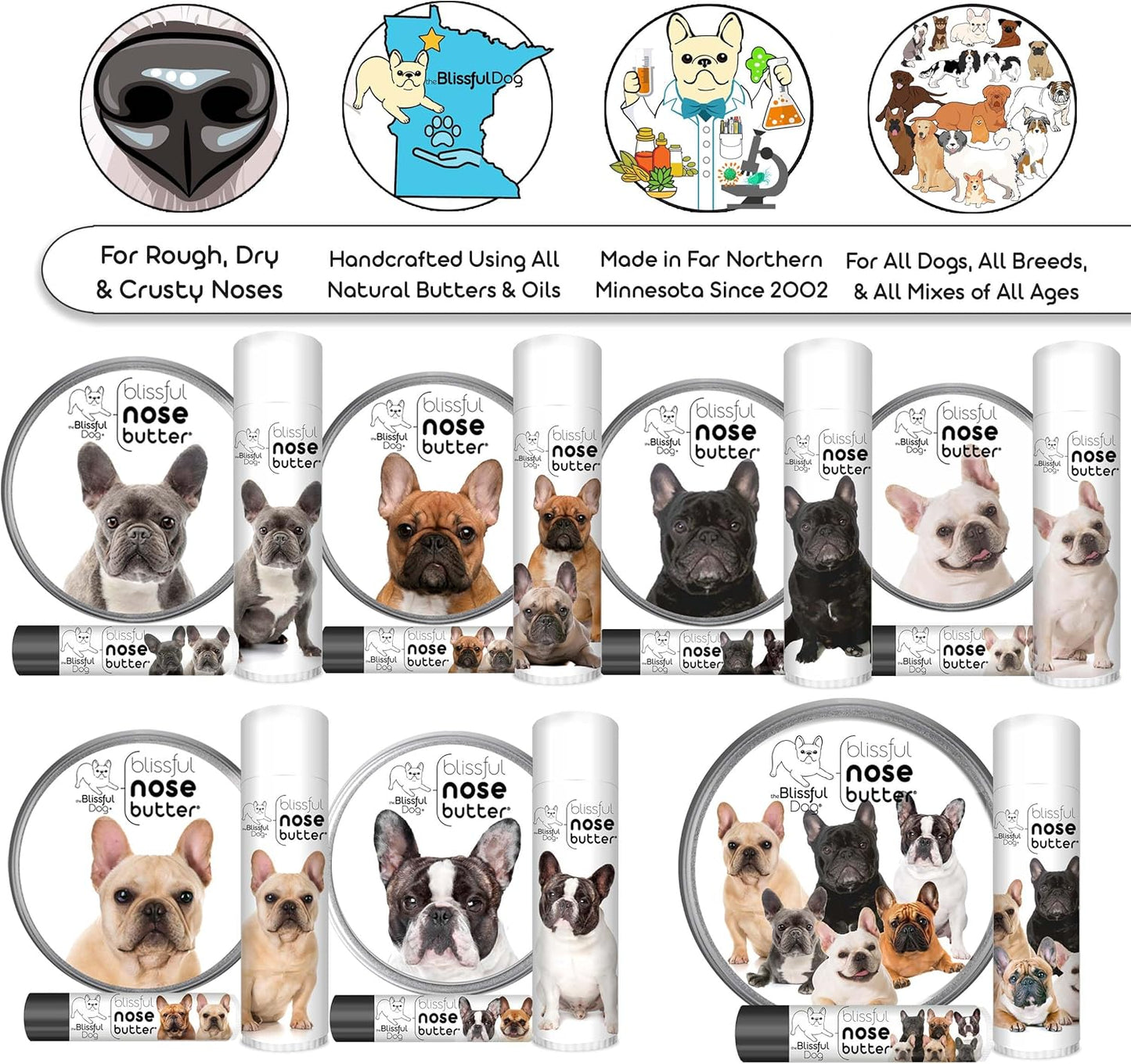 The Blissful Dog French Bulldog Pied Nose Butter for Dry, Cracked Skin, Lick-Safe Dog Nose Balm with Moisturizing Shea Butter, Almond, Olive, and Essential Oils, Pet Supplies, Uncented, 0.50 oz.