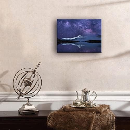 Peaceful Star Lake Landscape Wall Art For Bedroom,Starry Night Sky Over Snowy Mountain,Purple Milky Way Galaxy Scenery Decor,Giclee Canvas Print Picture, Inner Frame 12x16 Inches